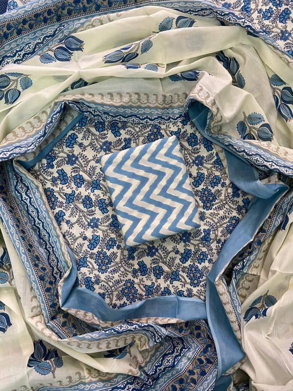 Image of Eddika women unstitched hand block printed cotton suit set with mulmul dupatta ehbpcswmd0120P
