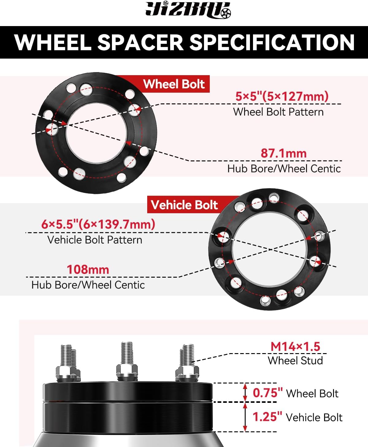 YIZBAP 2PCS 6x5.5 to 5x5 Wheel Adapters for Grand Cherokee Wheels on Silverado 1500 Vehicle, 2 inch 6x139.7mm to 5x127mm Wheel adapters 108mm Hub bore with M14x1.5 Studs