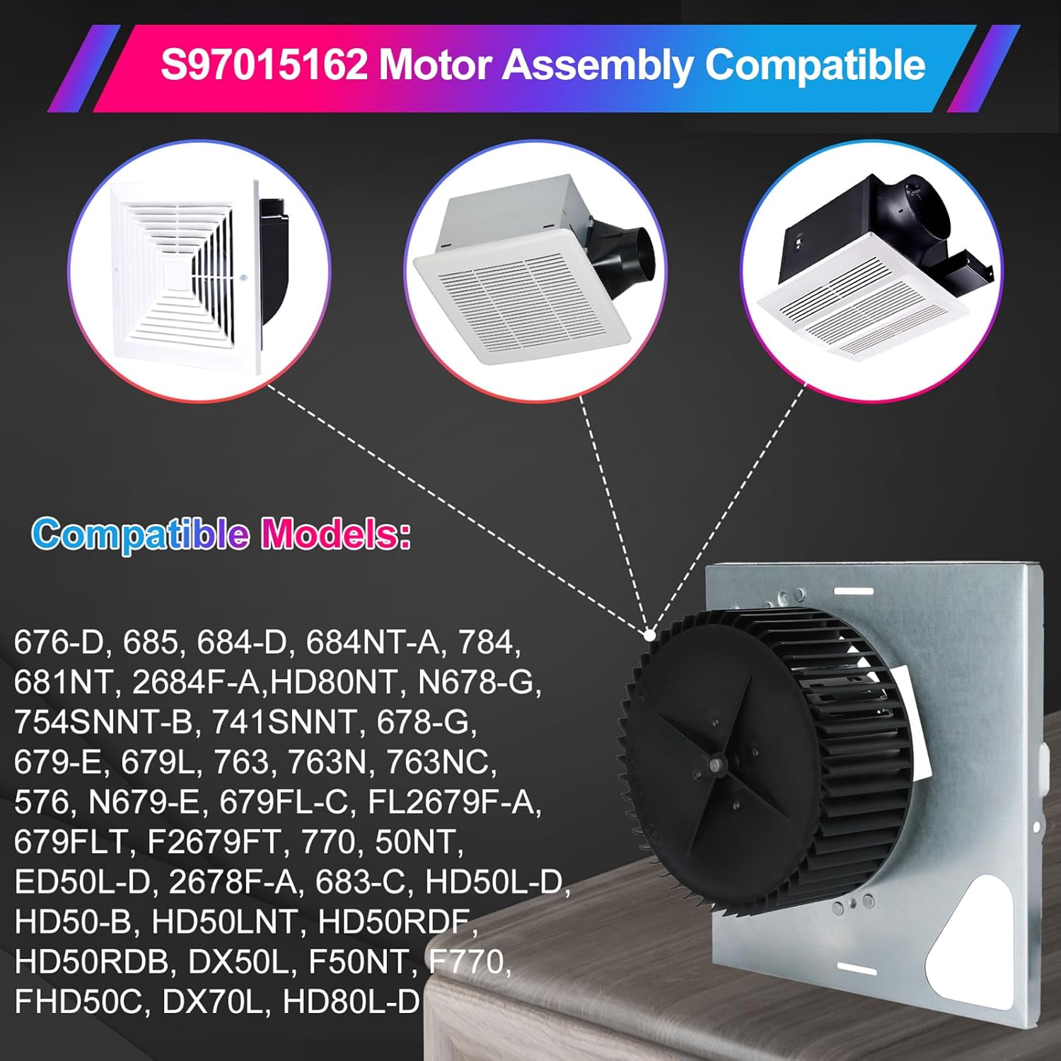 S97015162 for Broan Motor Assembly Replacement - Compatible with NuTone HD80L 678-G 679-E 679L 763 763N 763NC 679FL-C FL2679F-A 679FLT 50NT ED50L-D HD50RDF HD50RDB DX50L Series Bathroom Exhaust Fan