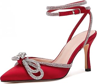Women's Double Bow Pointed Toe Ankle Strap Crystal Pumps Wedding Bridal Party Stilettos Backless Satin Heeled Sandals