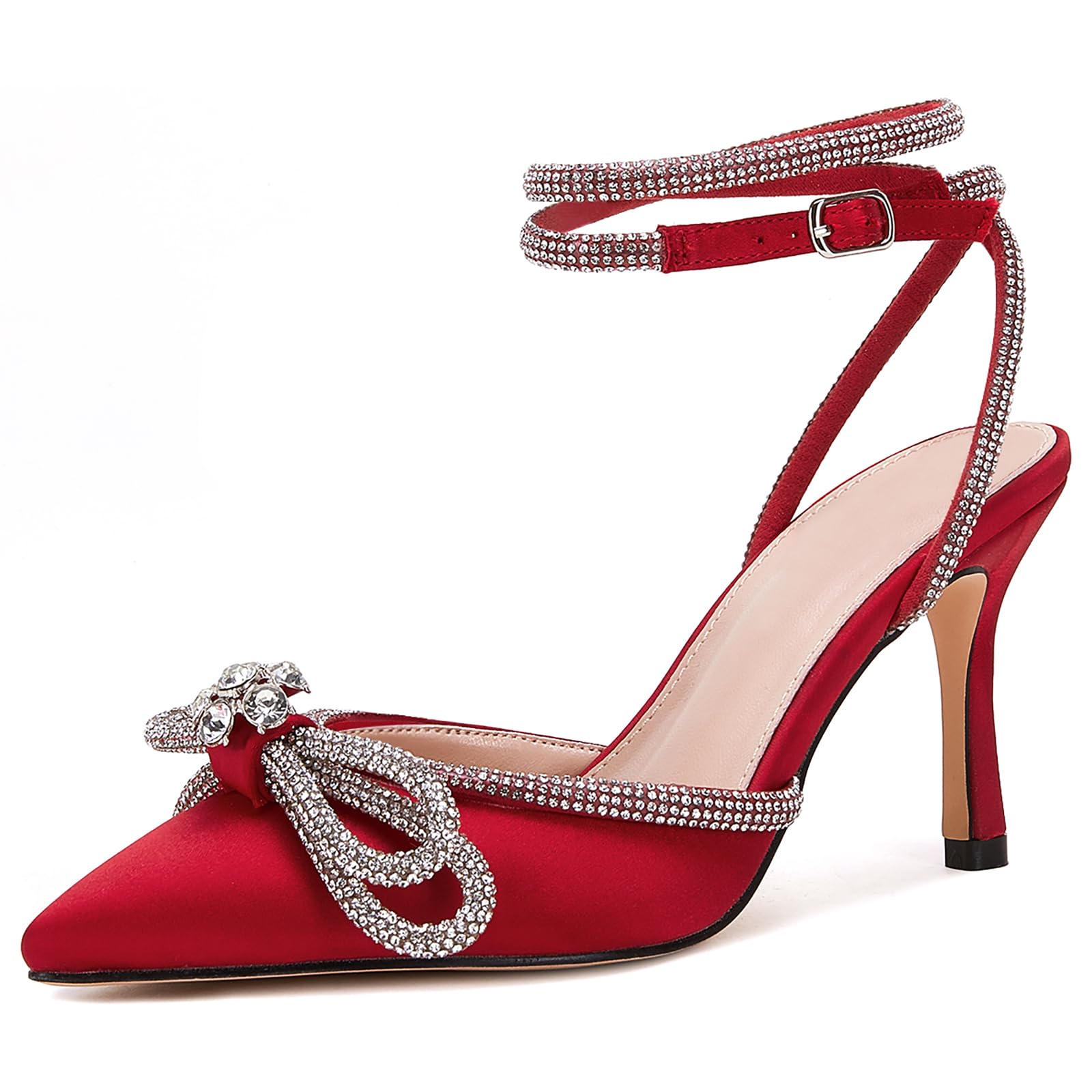VETASTE Women's Double Bow Pointed Toe Ankle Strap Crystal Pumps Wedding Bridal Party Stilettos Backless Satin Heeled Sandals