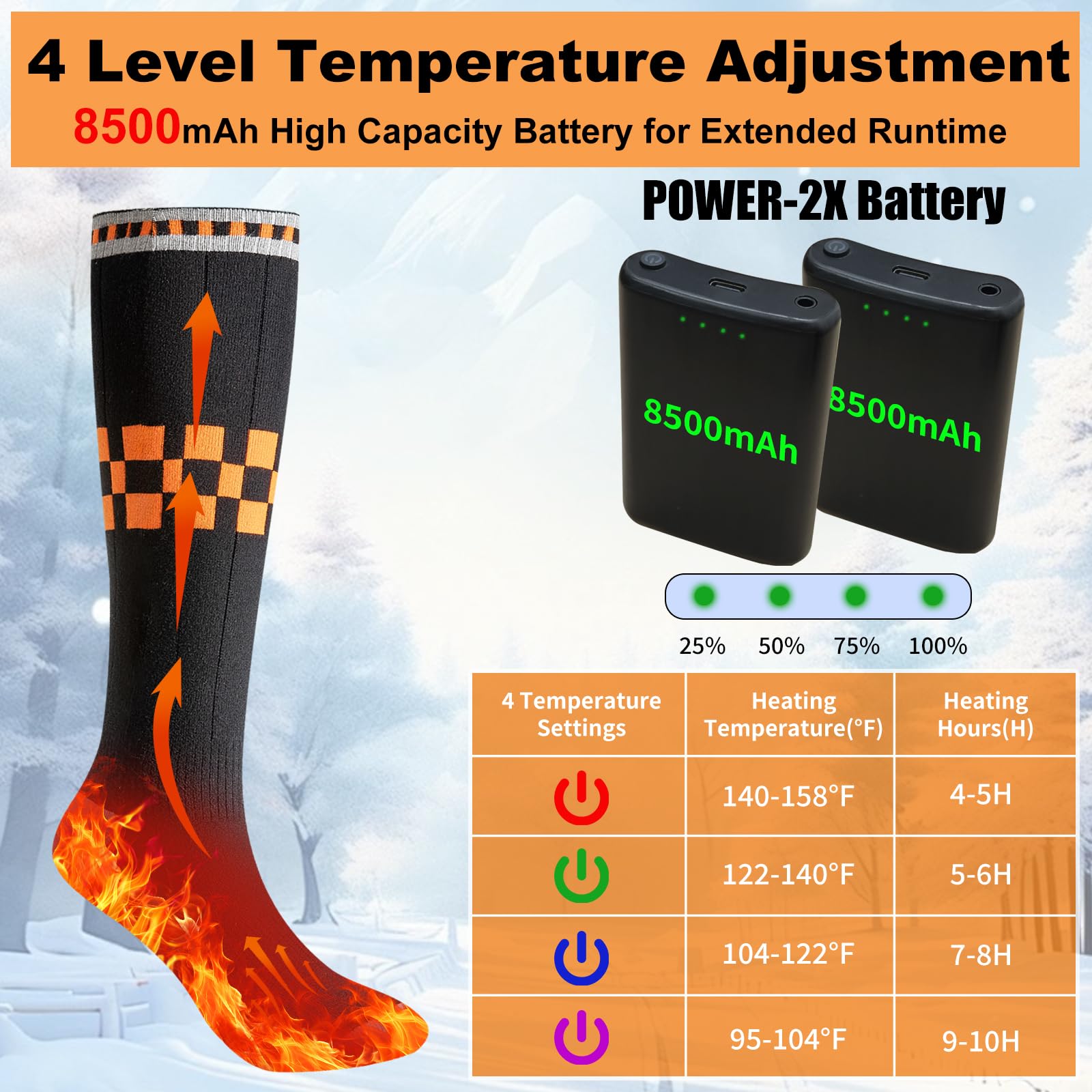 Calcetines con calefacción, funciona con pilas, 2 baterías recargables, control de aplicación, negro, talla única