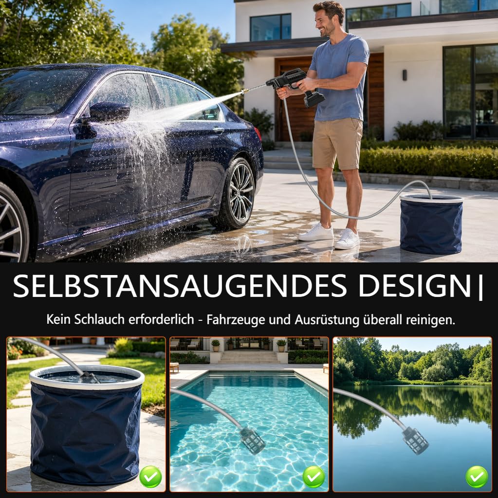 Akku Hochdruckreiniger kabellos, 60 Bar, 2x2000mAh, 5m Schlauch. Hochdruckreiniger akku für Auto/Garten. Akku druckreiniger mit 2-in-1 Düse & Schaumsprüher. Ideal für Fahrrad, Terrasse, Camping