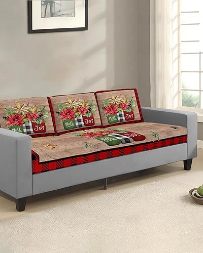 Miniatura 2 de Fundas de cojín para sofá de Pascua navideñas, funda elástica para sofá con parte inferior elástica, diseño retro a cuadros rojos y negros con piñas