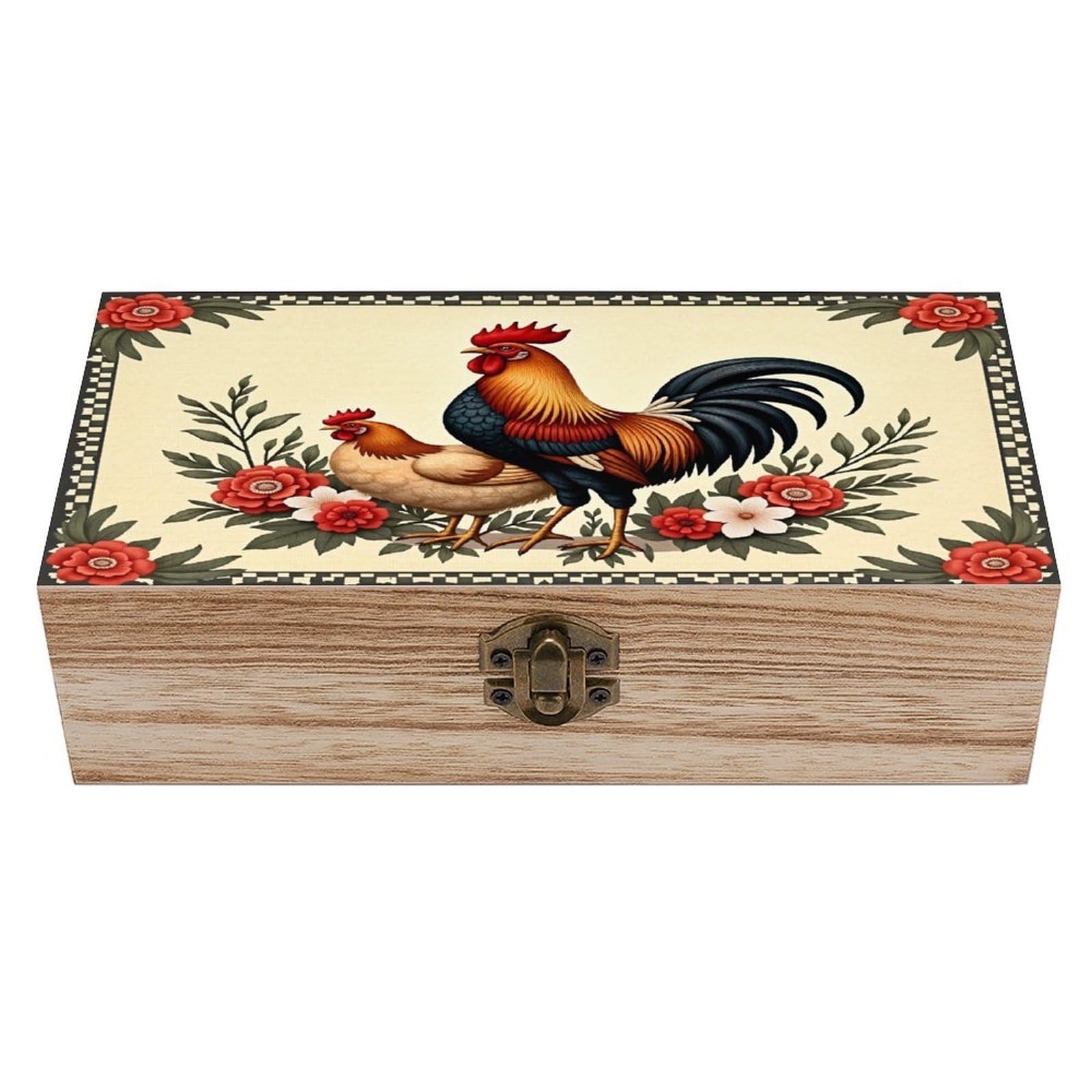 HLBSDM Rooster And Hen Floral Vintage Wooden Keepsake Box with Hinged Lid And Locking Clasp, Decorative Storage Box for Jewelry, Trinkets And Small Accessories, Organizer for Home Or Wedding