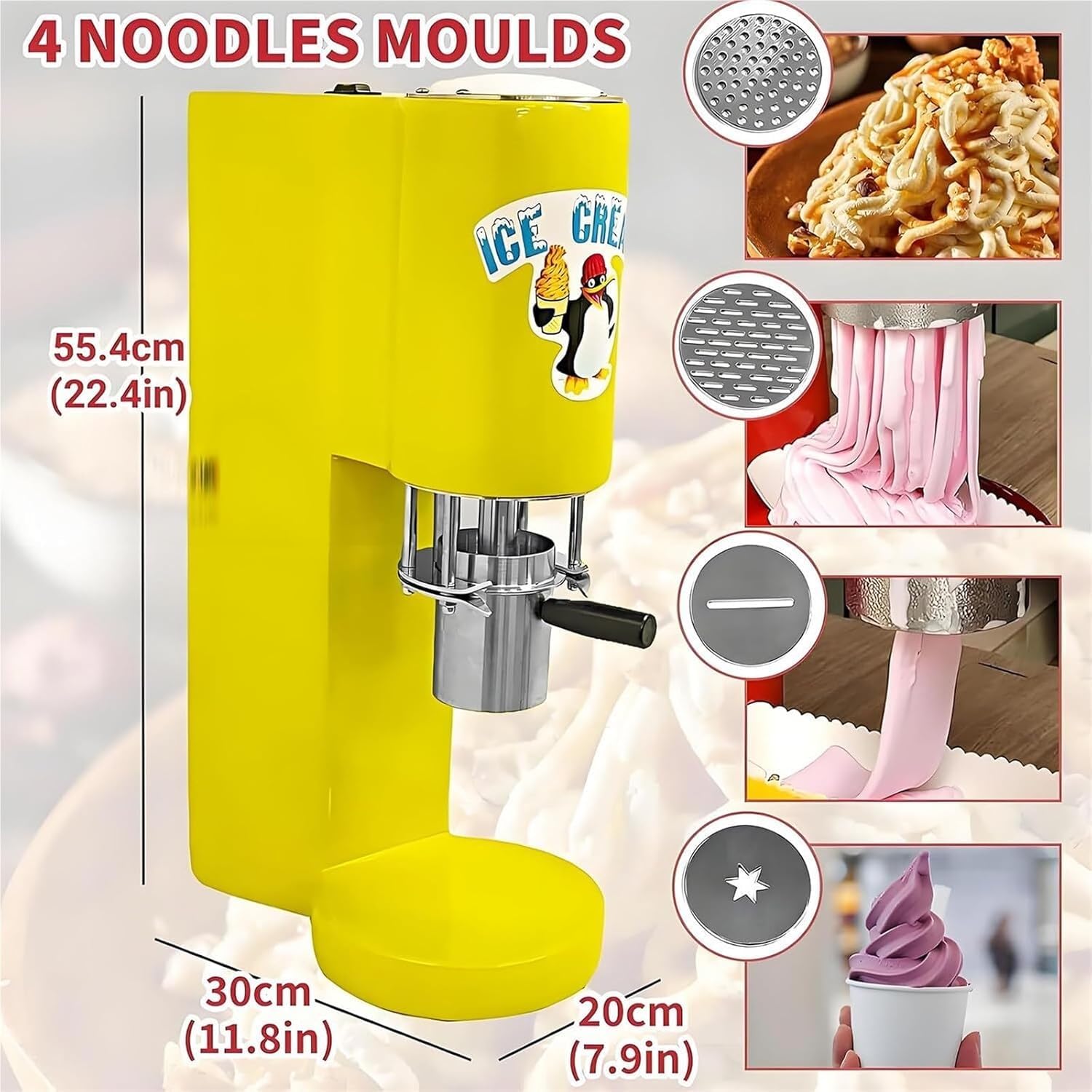 Máquina Profesional para Hacer Helado de Espagueti, Prensa para Helado de Espagueti de múltiples Formas, máquina para Hacer Helado de Espagueti con 4 moldes, 28-30 L/H 6-8 s/Taza (Yellow)