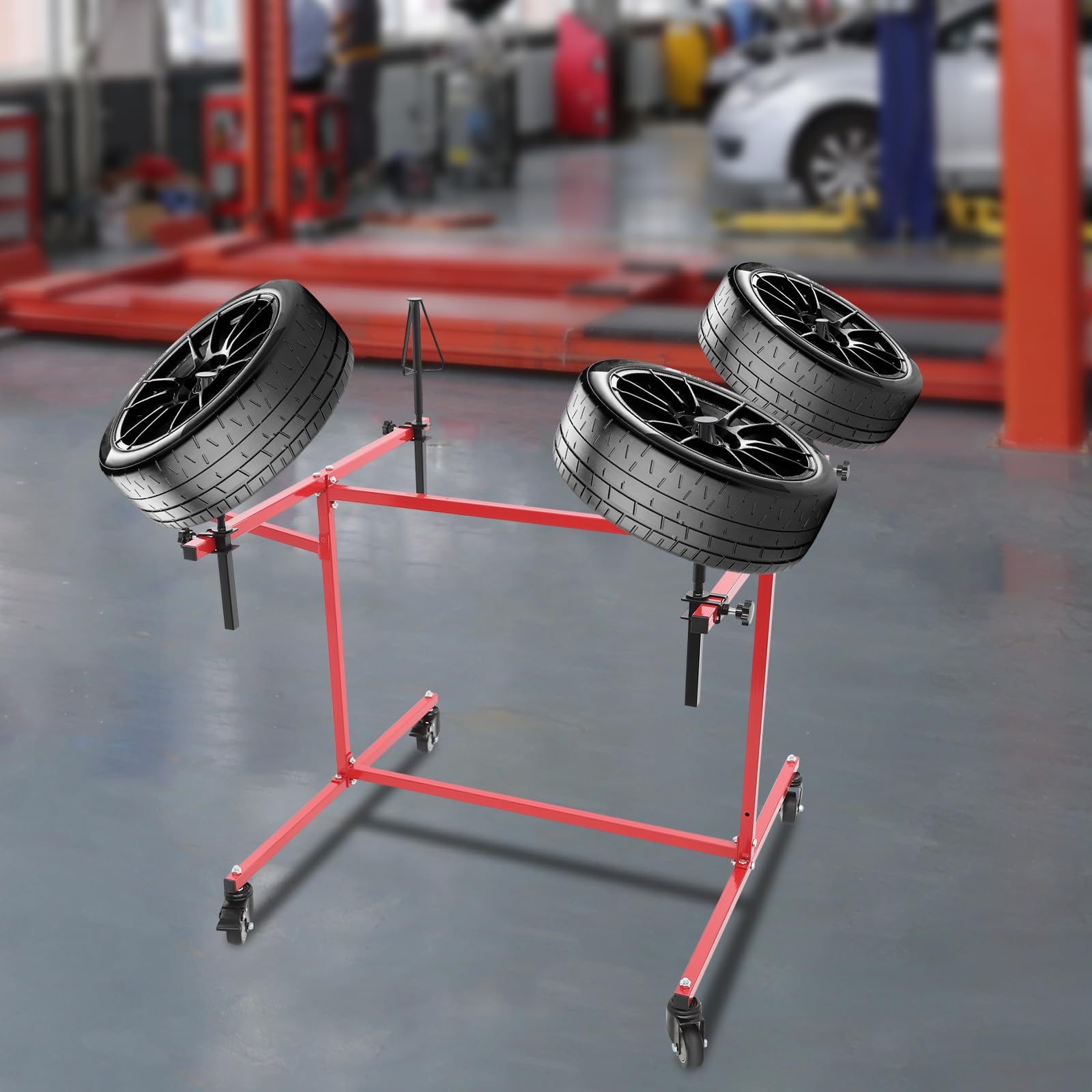 Felgenlackierständer Fahrbarer | Felgenlackierbock | 360° Drehbarer Lackierständer auf Rädern | Lackierständer für 4 Felgen zum Reparieren, Vorbereiten, Lackieren von Felgen und Karosserieteilen (Rot)