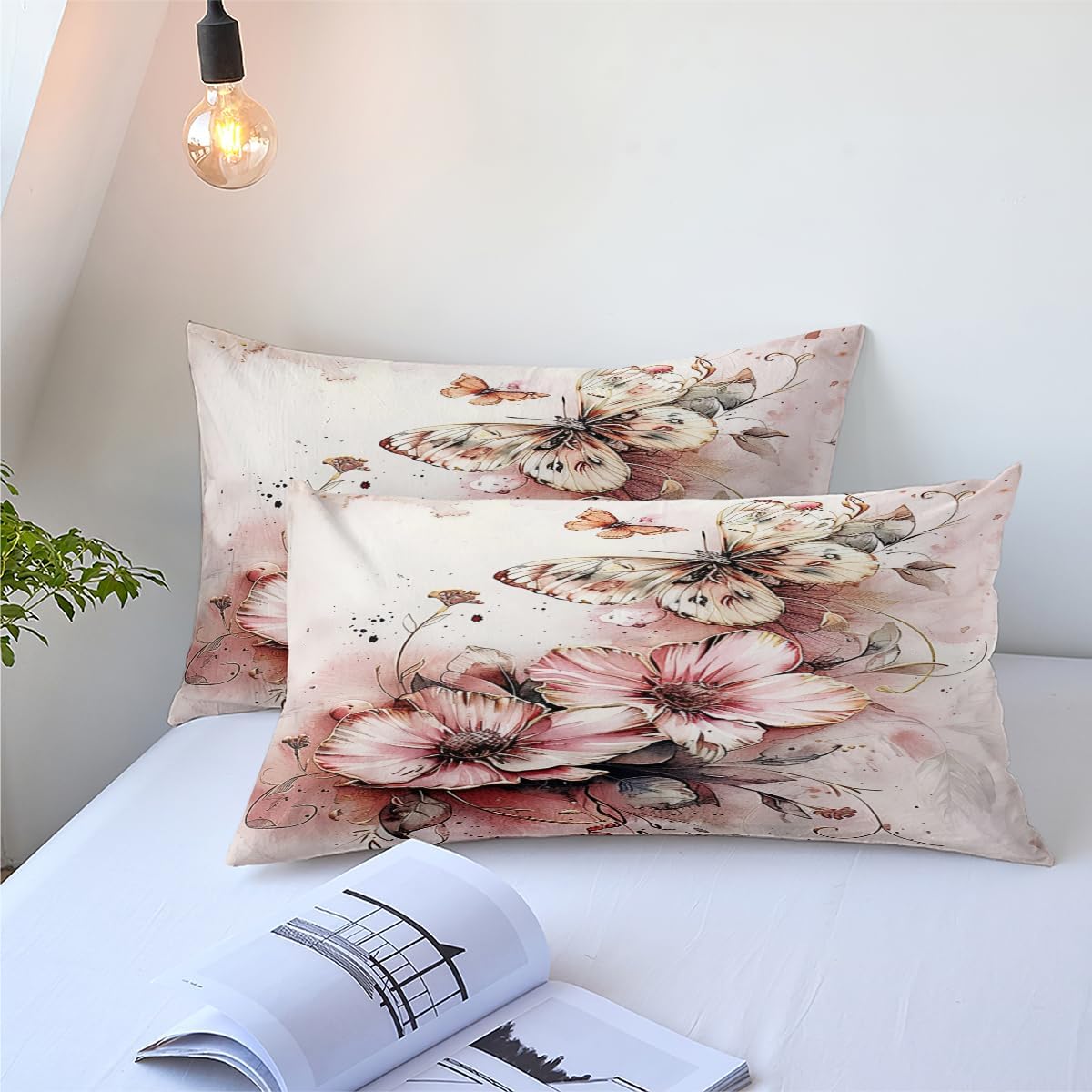 CCoutueChen Pink Butterfly Comforter Set Queen Size Butterfly Flowers Bedding Sets Botanical Floral Comforter Quilt Aesthetic Animal Bed Set 3Pcs Soft Fluffy Comforter for Girls Women Adult Room