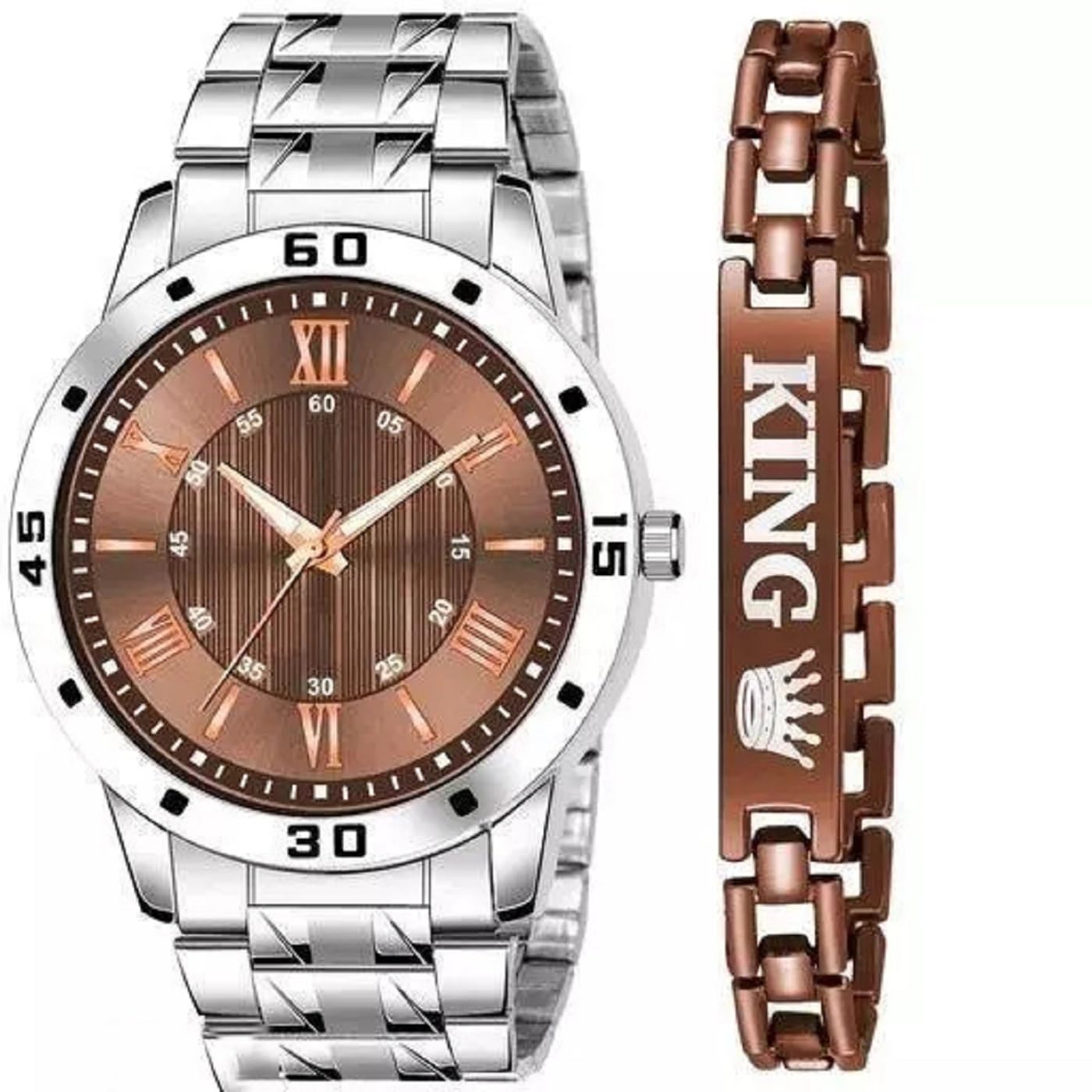 Red Robin Alluring Analogue Solid Dial Stainless Steel Strap Graceful Stylish Wrist Watch with King Braclete for Men and Boys, Pack of 2-1016-BLK-D-AVO-SIL-STL-KING-BLK-BRCLT (Brown)