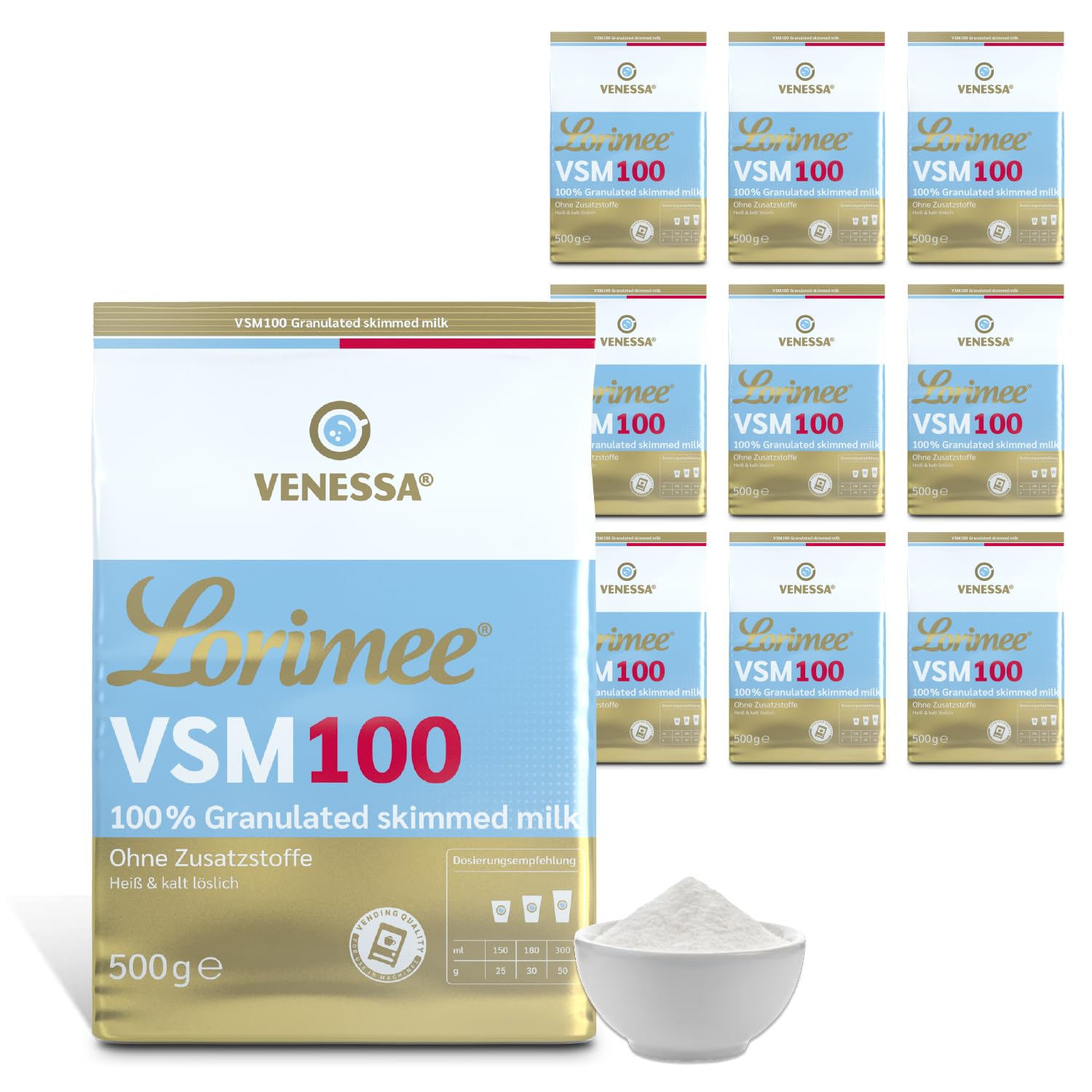 Venessa VSM 100 Lorimee 10 x 500 g odtłuszczonego mleka w proszku granulat wysokiej jakości Skimmed Milk w proszku do udoskonalania kawy z mleka, nadaje się do wszystkich produktów Vending