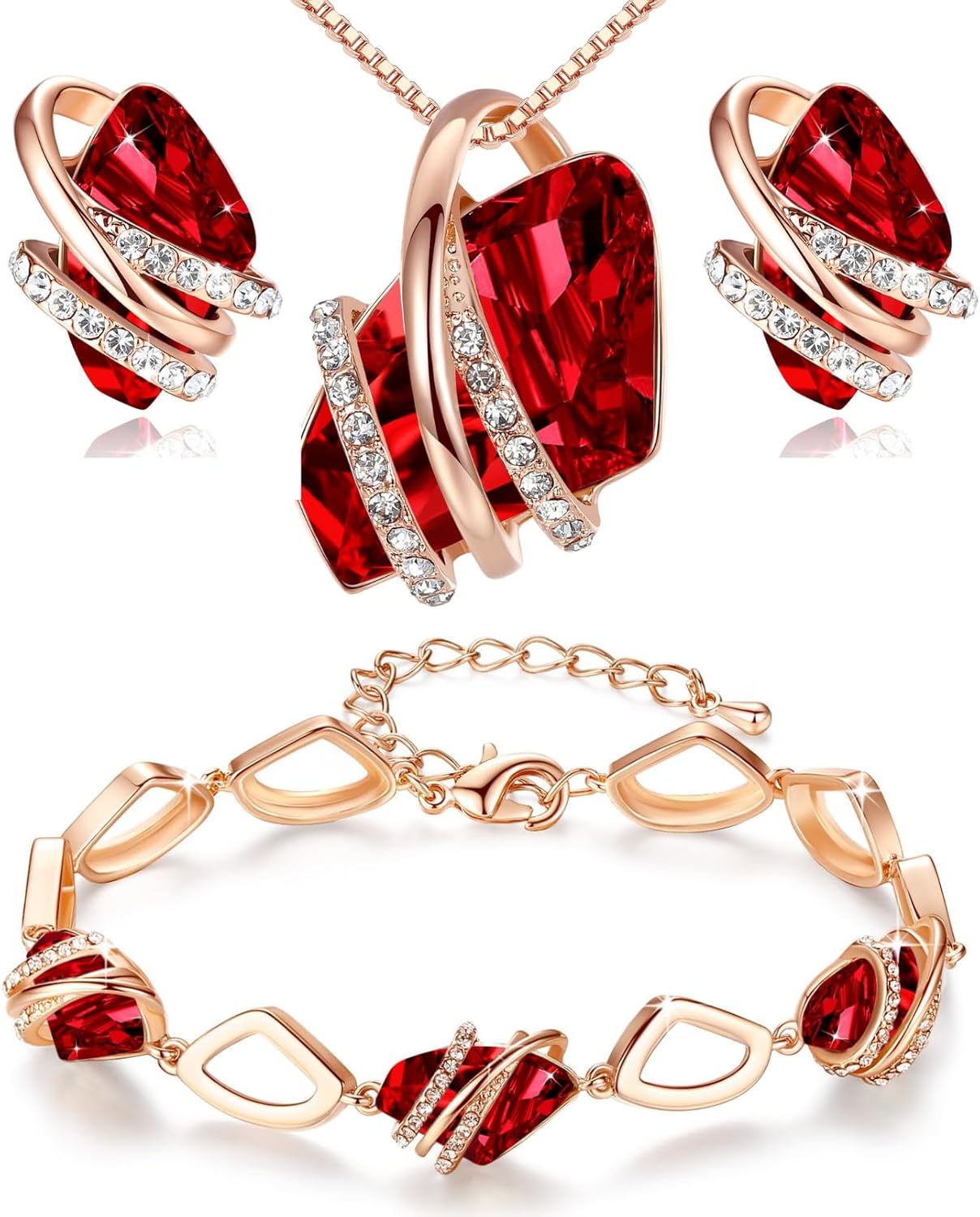 Leafael Wish Stone Necklace, Stud Earrings, and Bracelet Jewelry Set for Women, January July Birthstone Ruby Red Crystal Jewelry, Silver Tone Gifts for Women