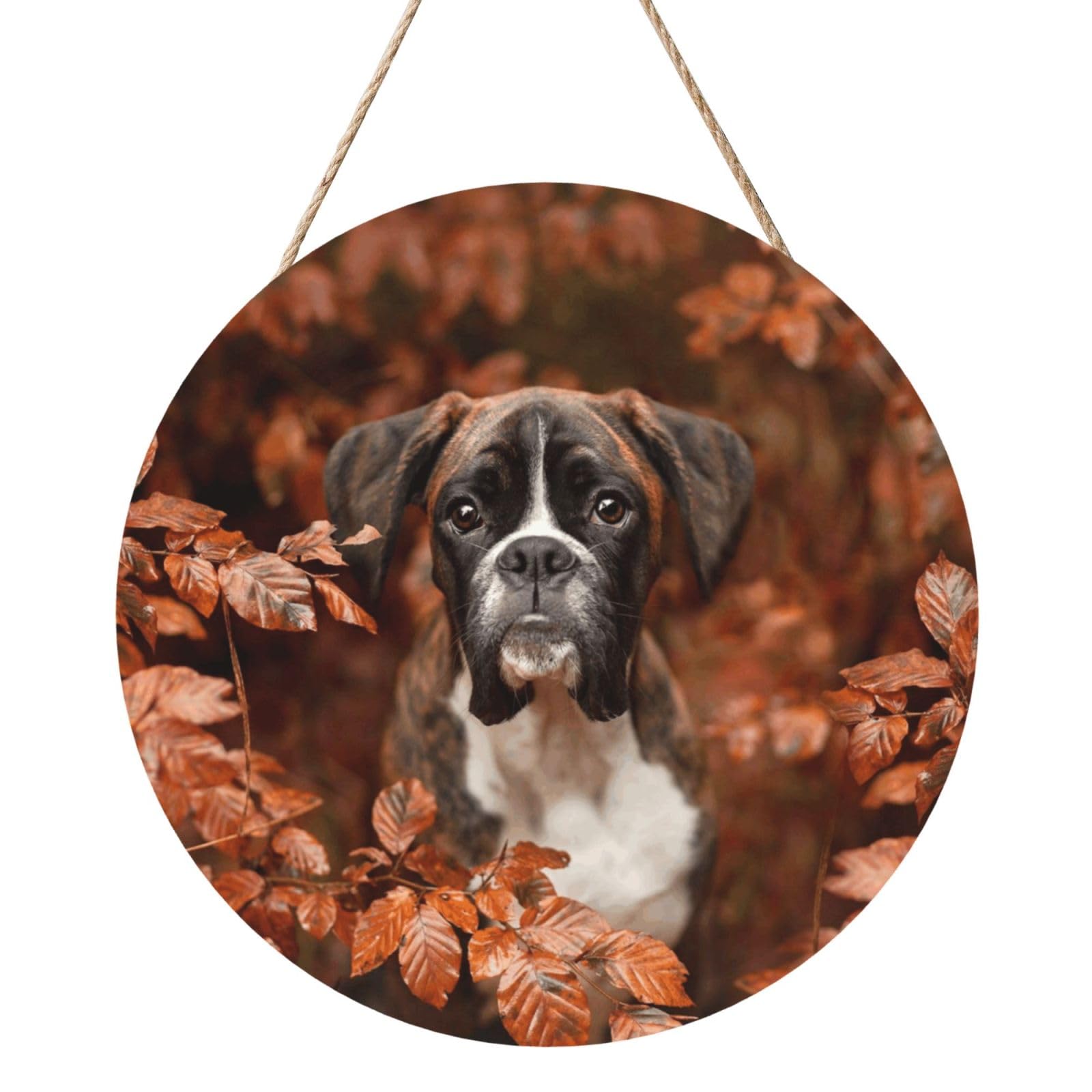 InOmak Boxer Dogs Autumn, Round Wood Panel Painting 12 in, Wall Hanging Painting For Home