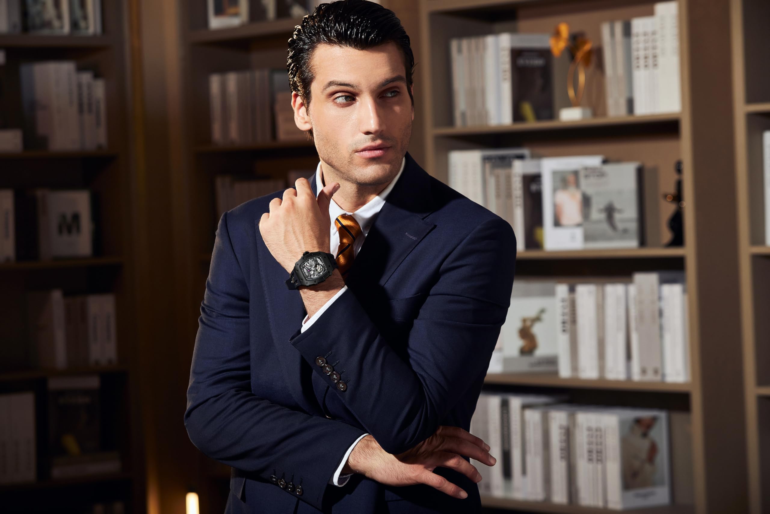 TSAR BOMBA Automatic Tonneau Carbon Fiber Bezel Luxury Mens Watches 50M Waterproof Skeleton Mechanical Stylish Watch for Men Simple Men’s Silver Wrist Watch Cool Unique Watch with Silicone Strap