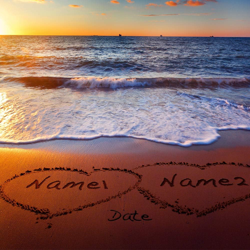 Love on Beach Heart in Heart Personalized Canvas Prints Artwork with Couple's Names and Date on,Perfect Love Gift for Anniversary,Wedding,Birthday and Holidays. 18x12 inches