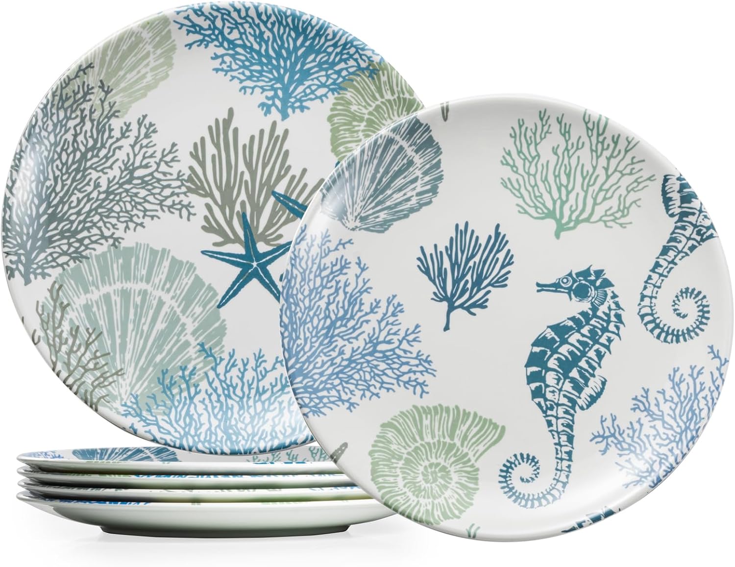 UNK U 10.5-Inch Ocean Theme Melamine Plates Set of 6, Nautical Seashell Dinner Plates, Dishwasher Safe Beach Party Plates for Coastal Dining & Special Events
