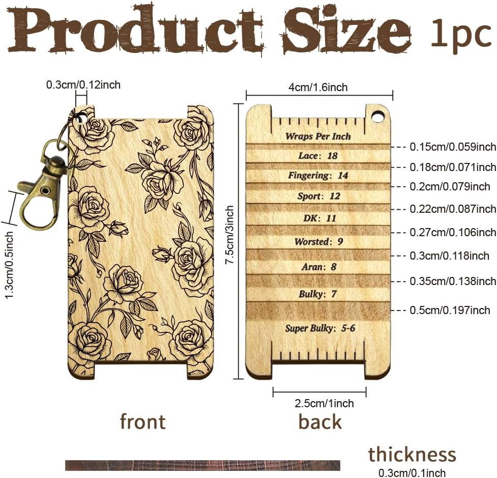 arricraft Rose Border Spinning Control Tool, June Rose WPI Guide Gauge with Clasp Wood Yarn Wrap Guide Board with Diz for Spinners Yarn Measuring Tools Crochet Accessories
