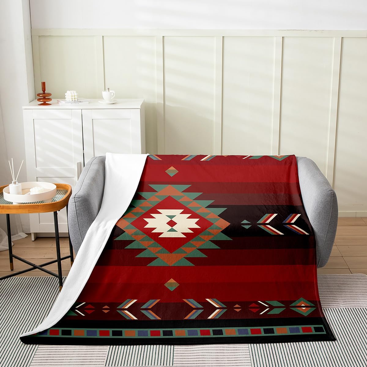 Queen 90"x90" Southwest Native Design All Season,Bed Blanket Boys Girls Southwestern Geometric Plush Throw Blanket, for Kids Ultra Soft Tribal Flannel Fleece Blanket Red Green Room Decor