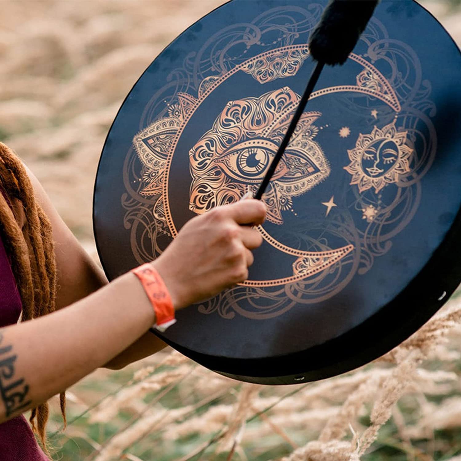 Tambour chamanique Fait à la Main, Tambour de Lune alchimique avec Symbole de la musique spirituelle du tambour sibérien