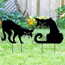 YoleShy Halloween Black Cat Yard Signs With Stakes - Set of 2 Metal Scary Angry Cat Silhouette Decor for Outdoor Lawn Garden Yard Decoration