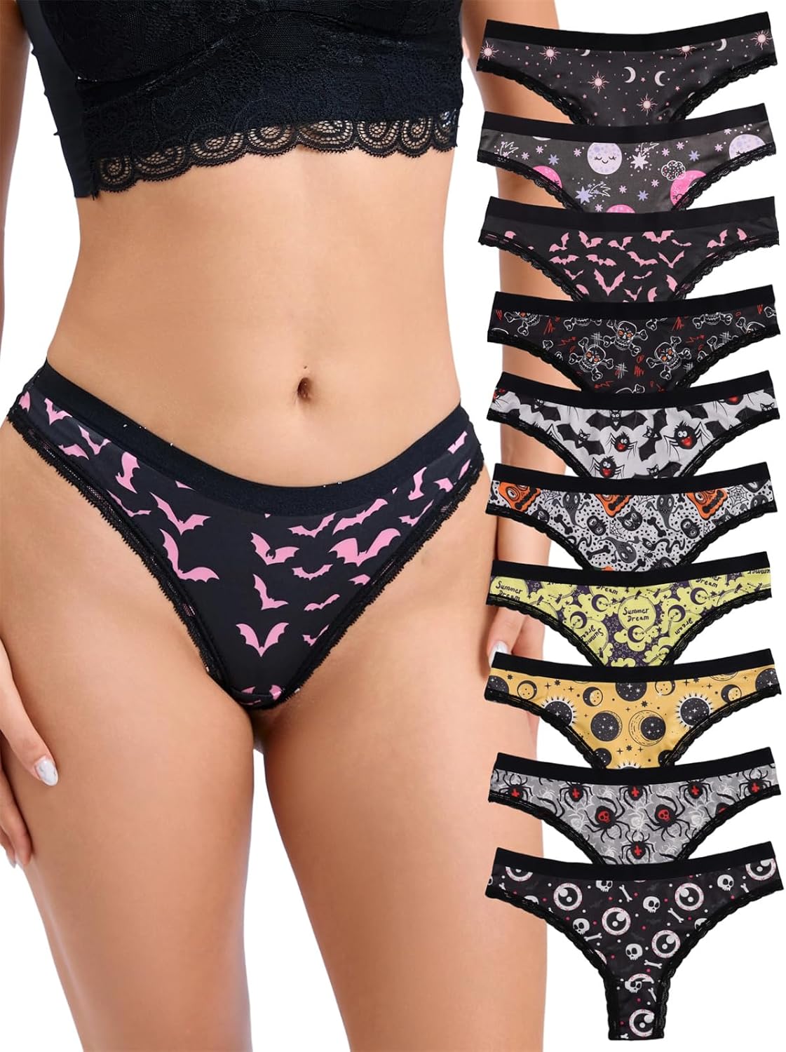 Morvia Variety of Panties Thongs Sexy Cute Chic Gothic Contrast Lace Halloween Skulls Stars Inspired Print Random Underwear