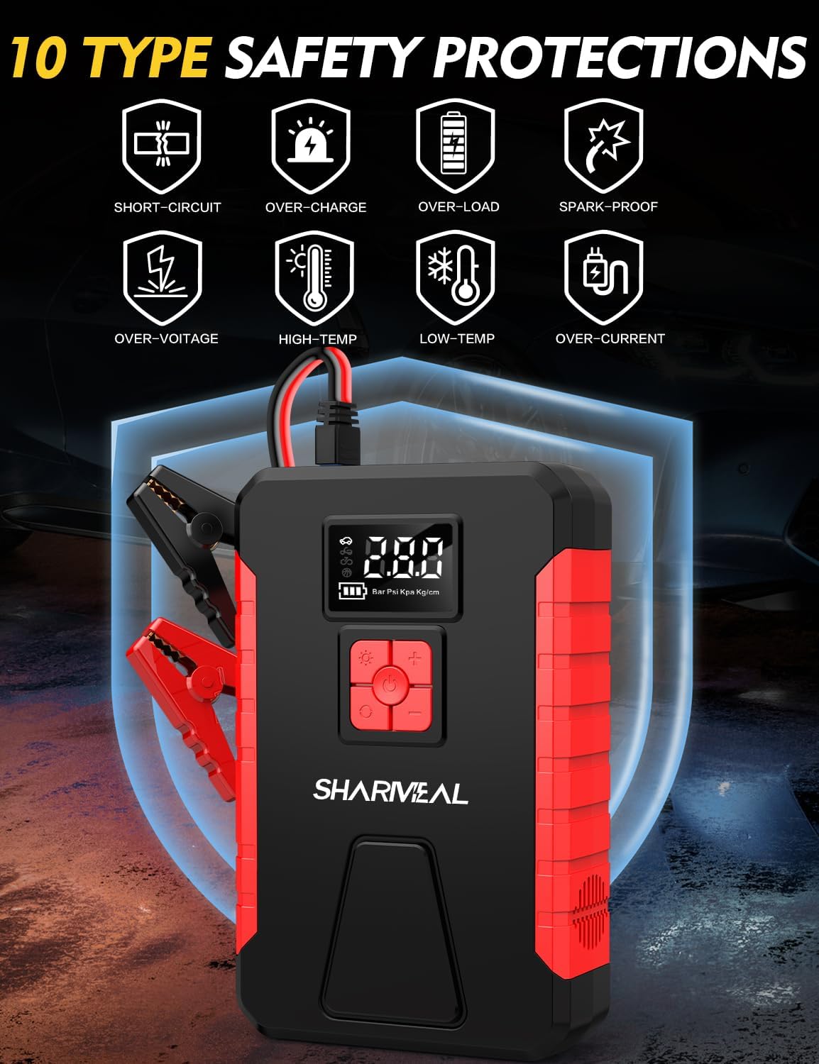 Sharmeal Car Jump Starter 5000A, Jump Starter Battery with Air Compressor Pack for Up to 10.0L Gas and 9.0L Diesel Engines, Portable 12V Jump Box with USB Ports and LED Light