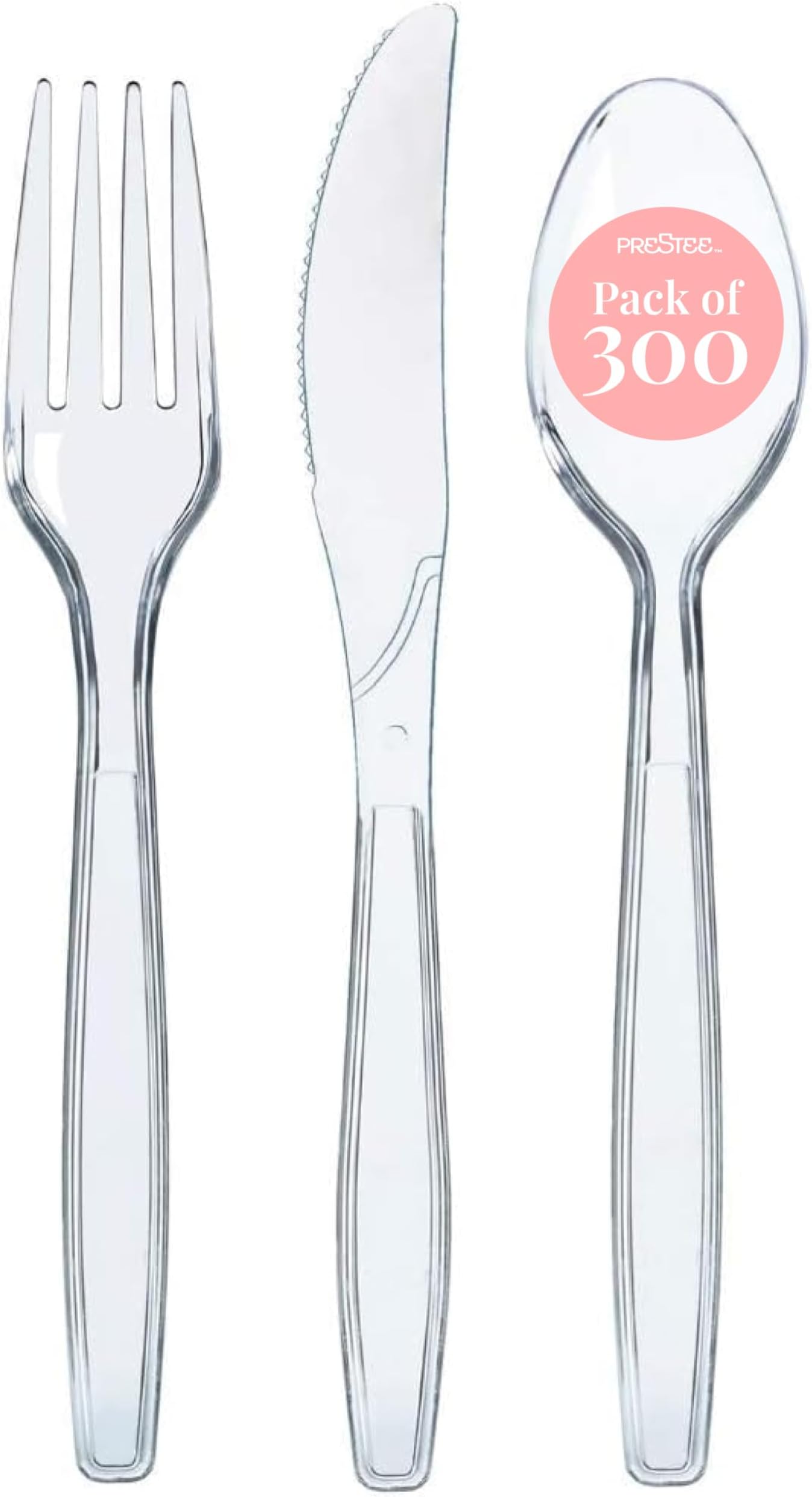 Prestee 300-Piece Plastic Cutlery Set - 100 Each of Clear Plastic Forks, Knives, Spoons - Heavy Duty Silverware for Parties - Disposable Utensils for Weddings and Buffets