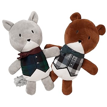 Furhaven Pet Toy for Dogs and Puppies - Dapper Dandies Woodland Collection Bear and Squirrel Plush Dog Toy Set, Brown and Gray, 2-Pack
