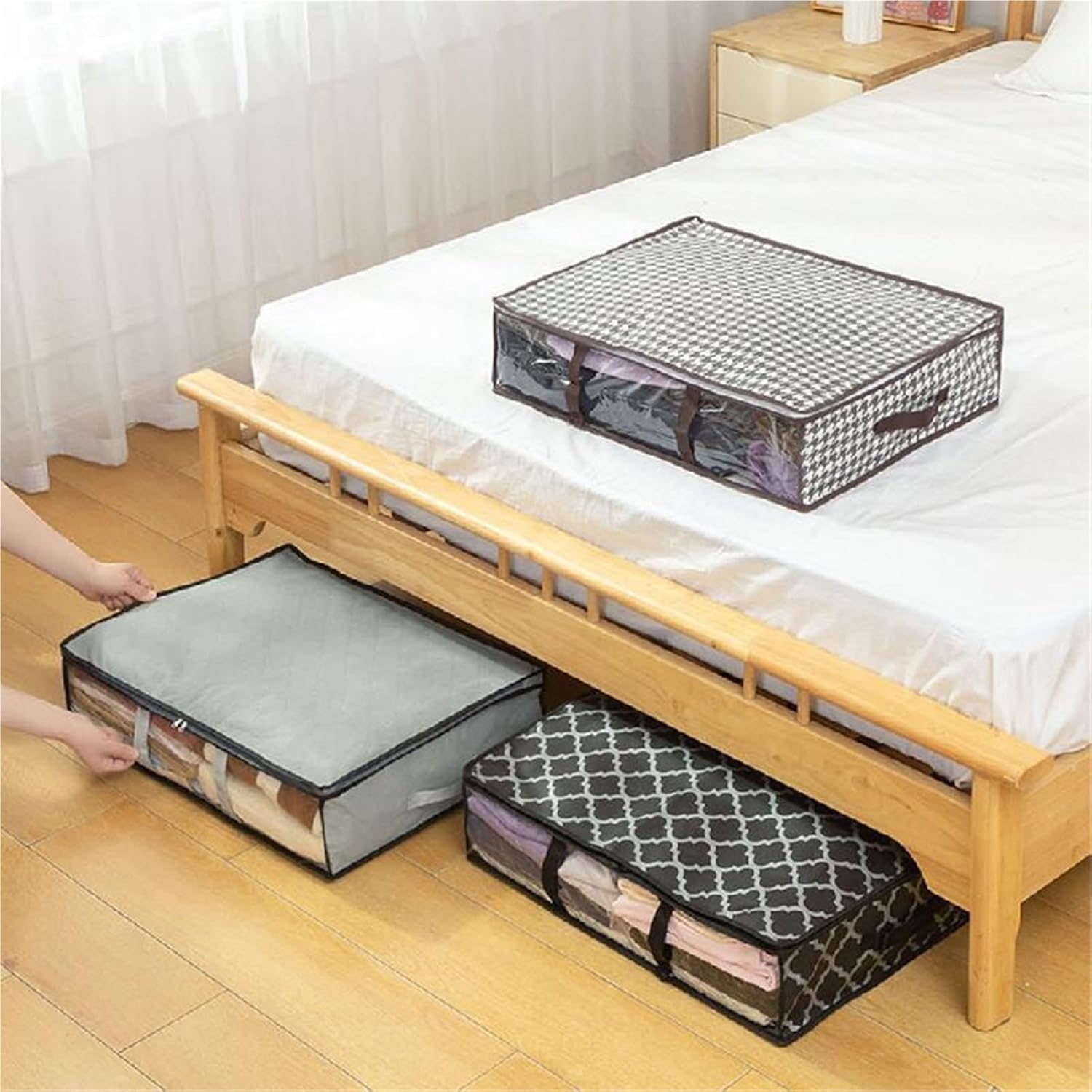Under Bed Storage Box 2 PC Underbed Storage Bag Foldable Quilt Clothes Storage Bag Large Capacity Toys Bags(Light Grey)
