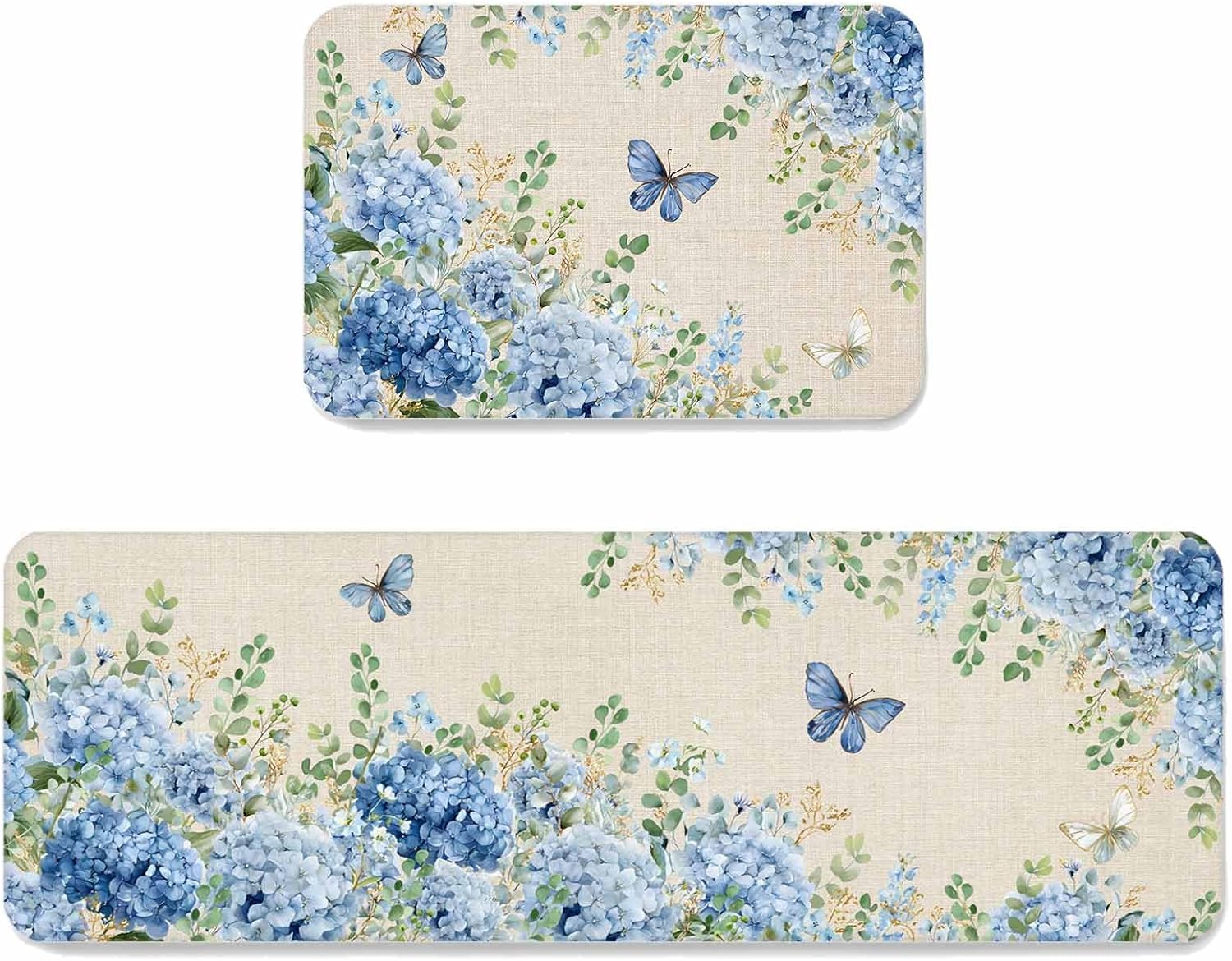Prime Leader Blue Floral Kitchen Mat Set 2 Pieces Summer Country Hydrangea Floral Butterfly Linen Texture Non Slip Kitchen Rugs Washable Runner Rug Mats for Sink Laundry (19.7" x 31.5"+19.7" x 47.2")
