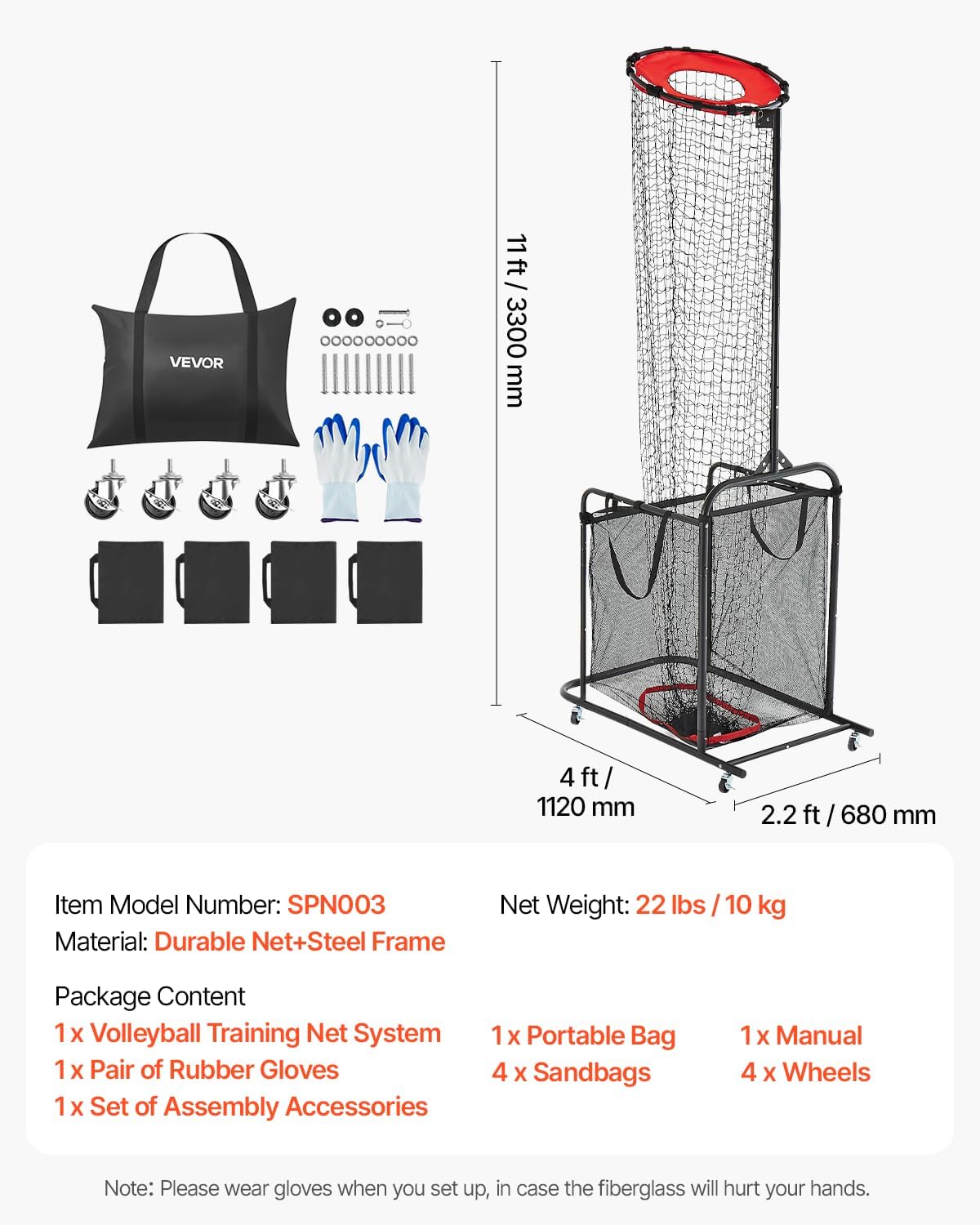 Diagram showing the dimensions of the VEVOR Volleyball Training Net System, including height (11 ft / 3300 mm), width (4 ft / 1120 mm), and depth (2.2 ft / 680 mm), along with package contents and specifications.