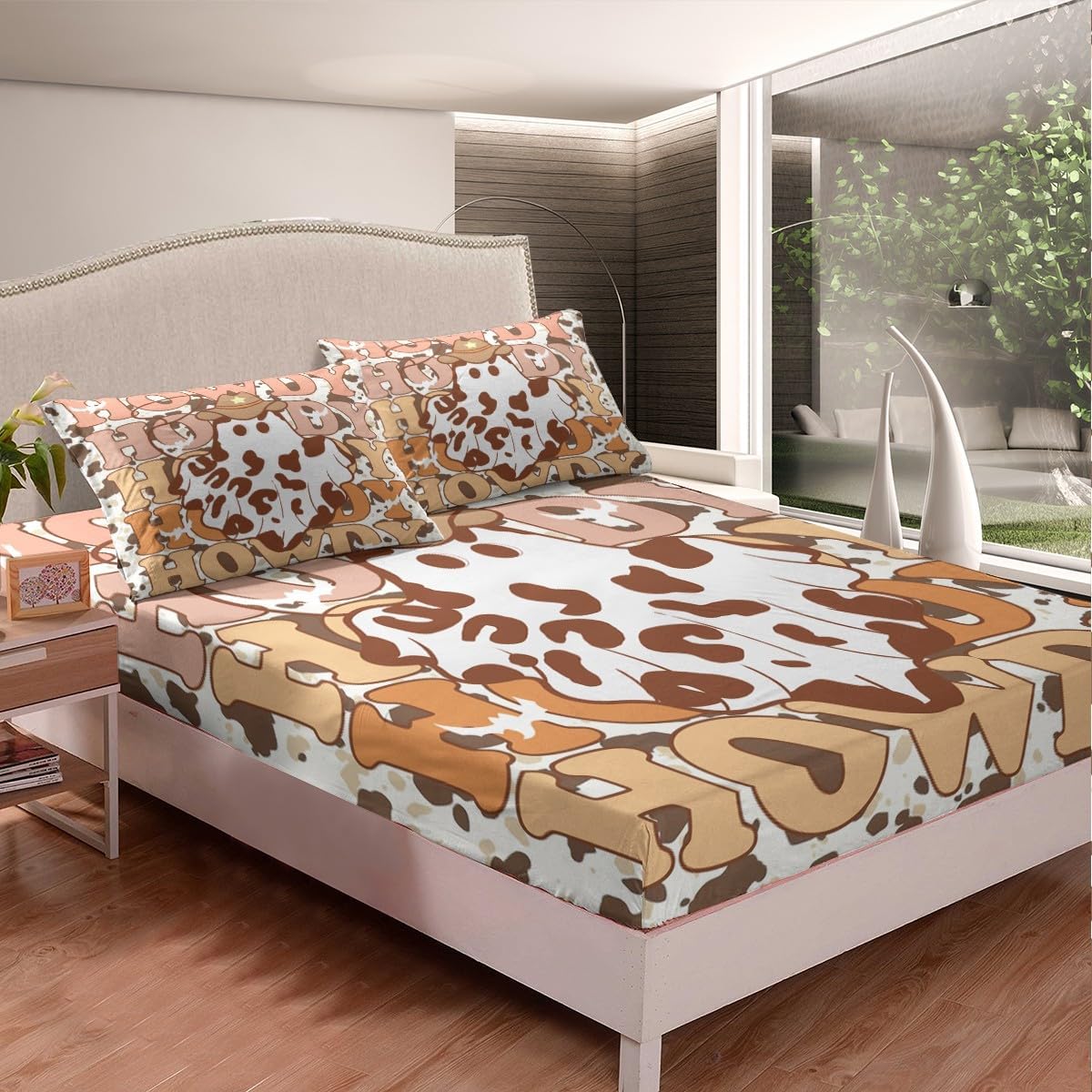 Manfei Western Ghost Bed Sheet Set 3 Pieces,Tribal Cowboy Hat Halloween Cute Ghost Microfiber Bedding Set Without Flat,Brown Cowhide Rustic Cow Fur Print Fitted Sheet,2 Pillow Cases,Full Size