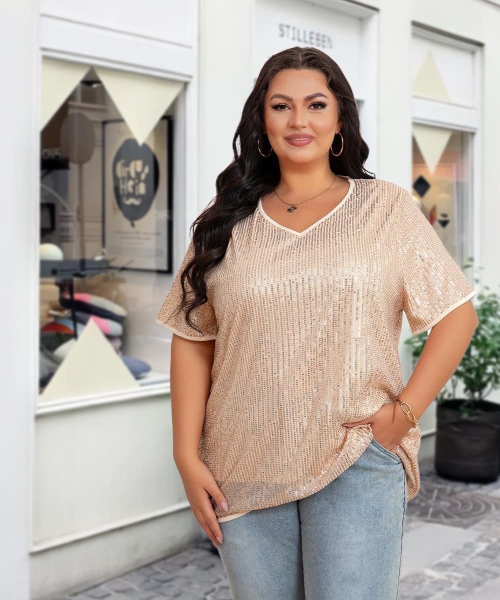 Plus Size Sequin Tops for Women Short Sleeve Party Shirts Shimmer Summer Wedding V Neck Blouse Oversize XL-4XL - Image 5