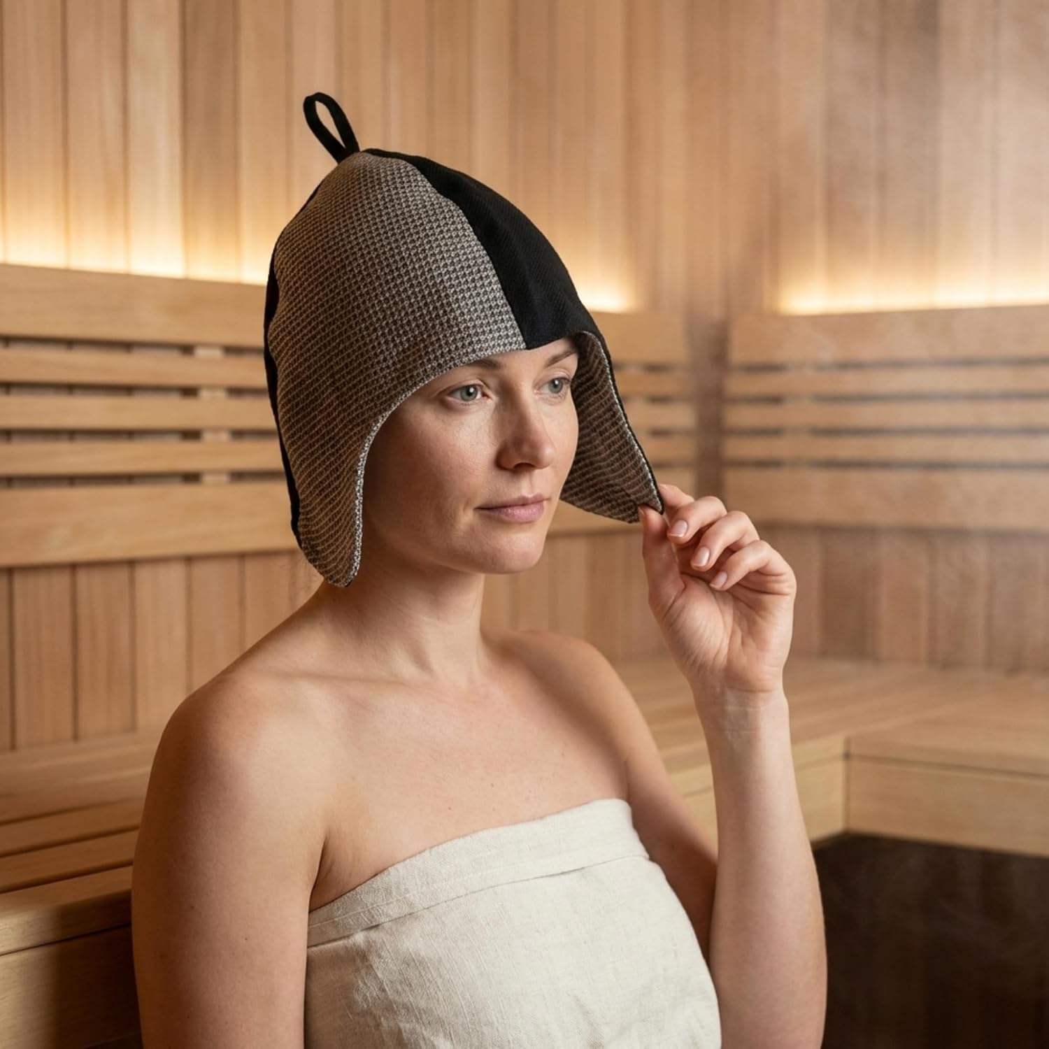 Emendo Sauna Hat – Adjustable Size Linen & Cotton Sauna Cap, Protects Hair, Scalp & Ears from Heat – Unisex Adjustable Size for Traditional & Infrared Sauna Use