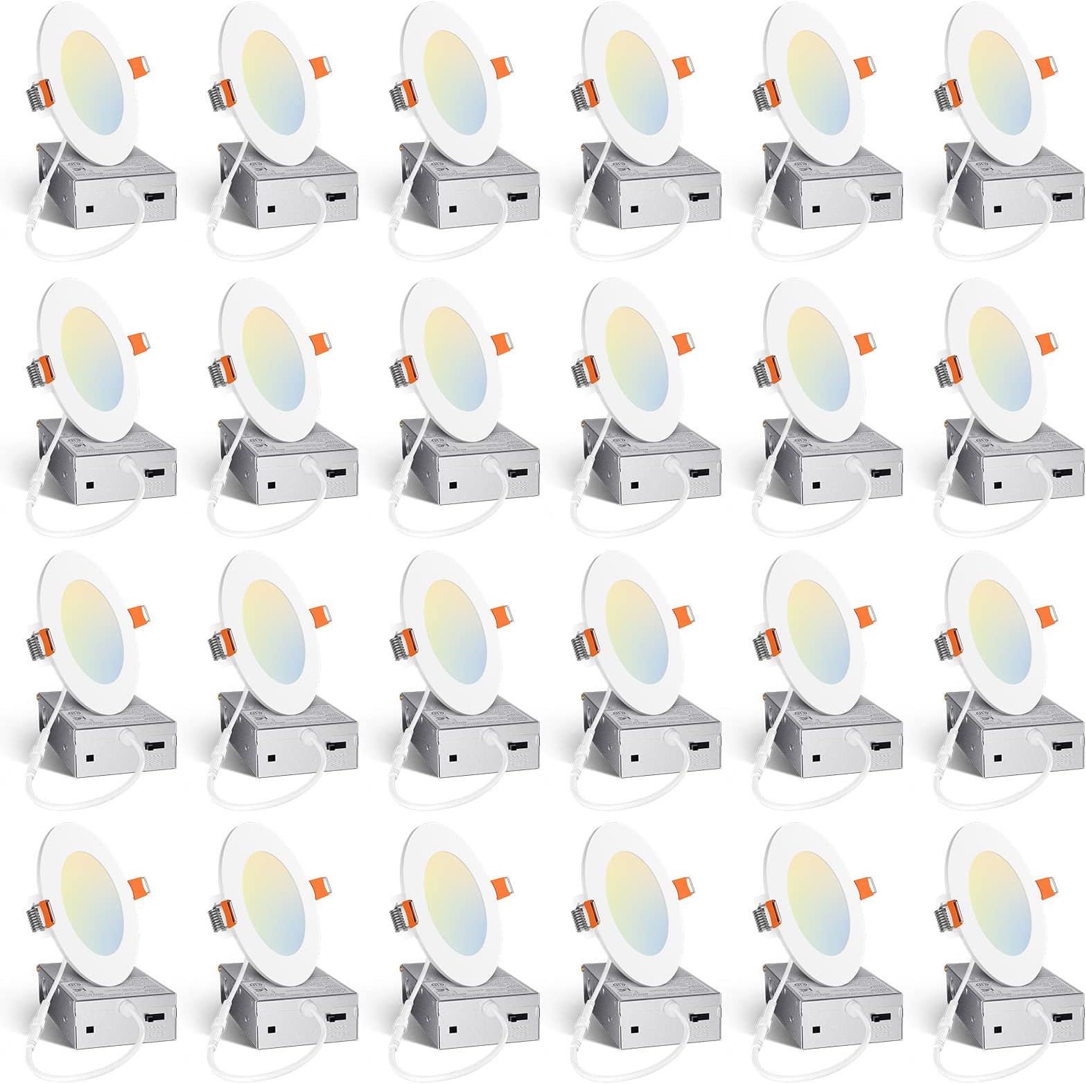 Amico 24 Pack 4 Inch 5CCT Ultra-Thin LED Recessed Ceiling Light with Junction Box, 2700K/3000K/3500K/4000K/5000K Selectable, 10W Eqv 60W, Dimmable Can Light, 800LM High Brightness Downlight - ETL&FCC