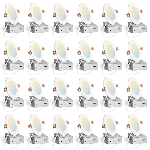 Amico 24 Pack 4 Inch 5CCT Ultra-Thin LED Recessed Ceiling Light with Junction Box, 2700K/3000K/3500K/4000K/5000K Selectable, 10W Eqv 60W, Dimmable Can Light, 800LM High Brightness Downlight - ETL&FCC