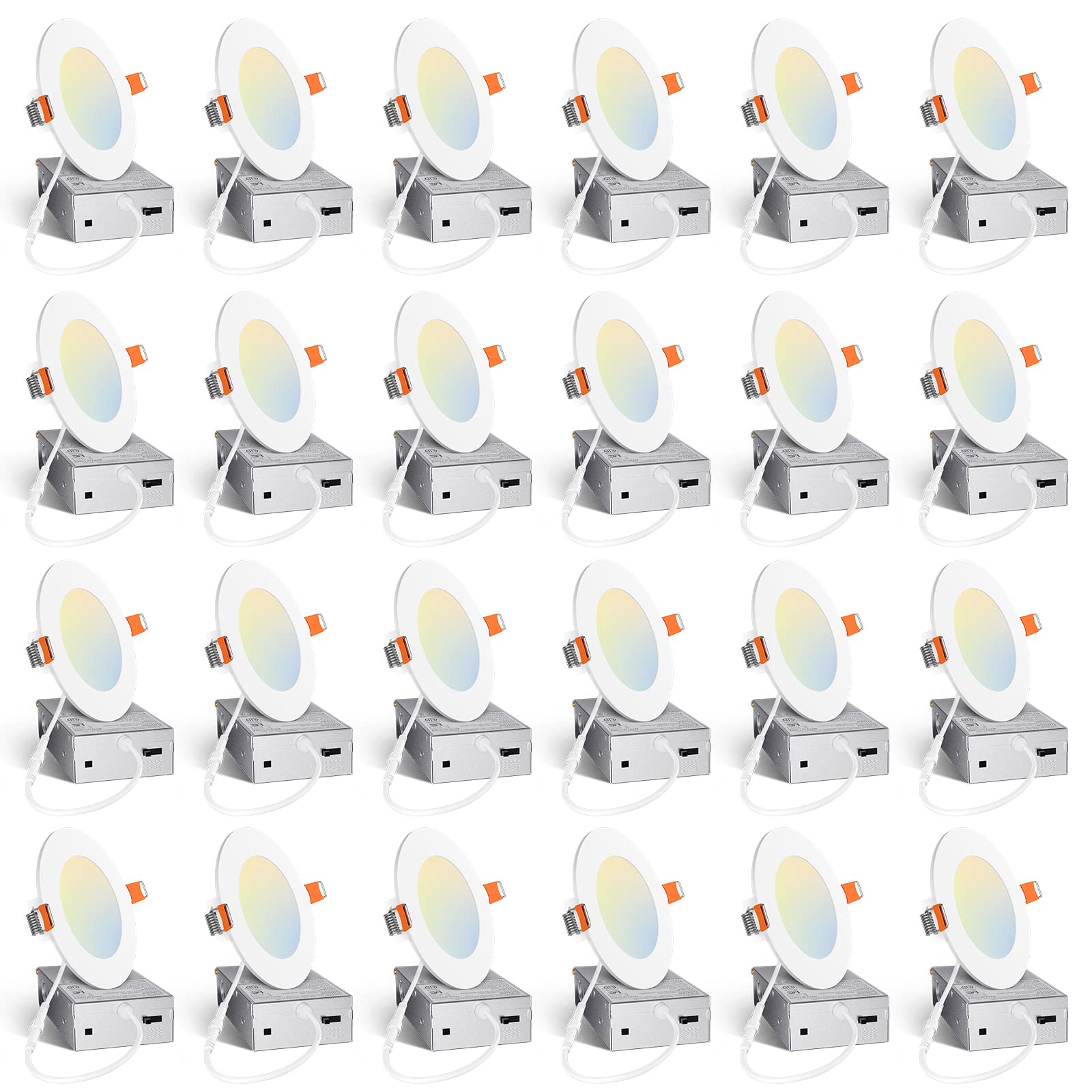 Amico 24 Pack 4 Inch 5CCT Ultra-Thin LED Recessed Ceiling Light with Junction Box, 2700K/3000K/3500K/4000K/5000K Selectable, 10W Eqv 60W, Dimmable Can Light, 800LM High Brightness Downlight - ETL&FCCAmico 24 Pack 4 Inch 5CCT Ultra-Thin LED Recessed…