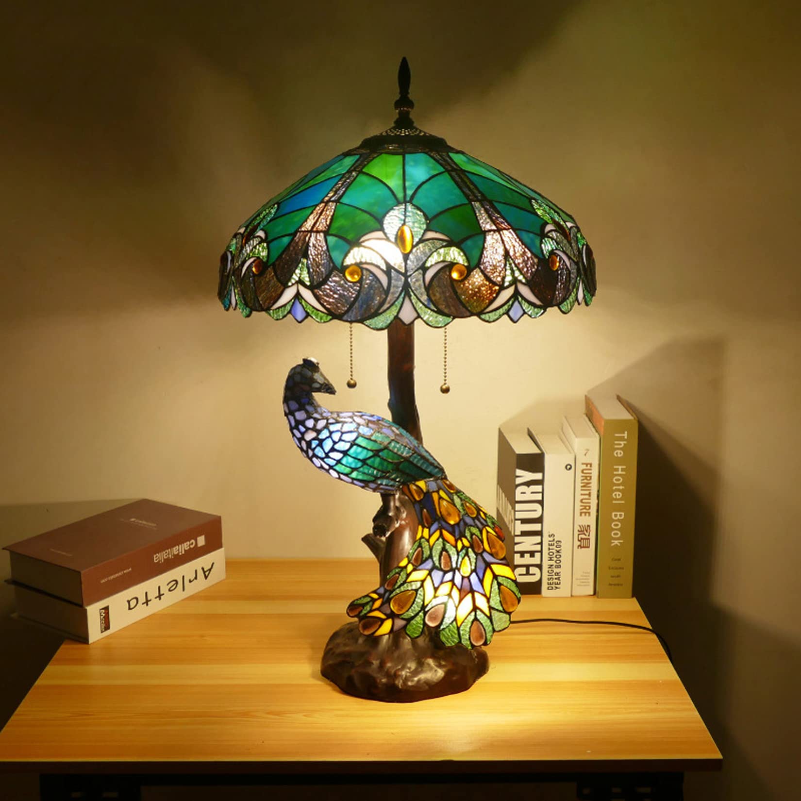 Botowi A Baroque Tiffany Style Peacock Table Lights 18-Inch Stained Glass Reading Lamp Mediterranean 5-Lights Bedside Lights Best Gifts For Living Room Bedroom Cafe Bar, E27*3+E14*2,