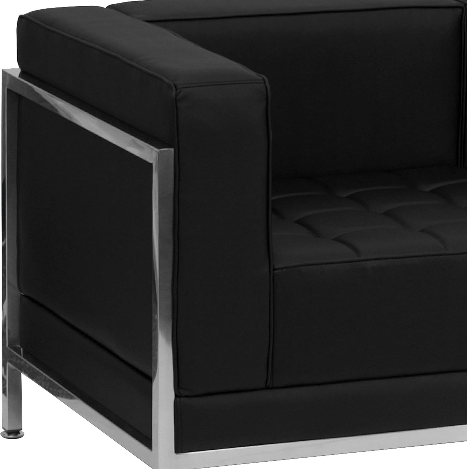 BOWERY HILL Contemporary 3-Piece Reception Sofa Set, Black Leather Upholstery, Stainless Steel Frame, Smooth Tufted Design, Fixed Cushions, Indoor Office Seating Configuration