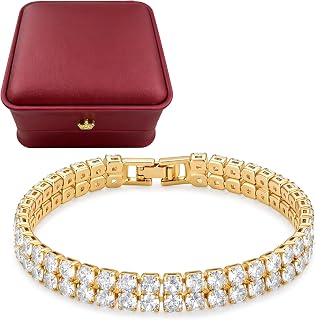 2 Rows Tennis Bracelets for Women & Men - 14K Gold Plated 3mm Round Cut Cubic Zirconia Classic Tennis Bracelet, Size 7 Inch