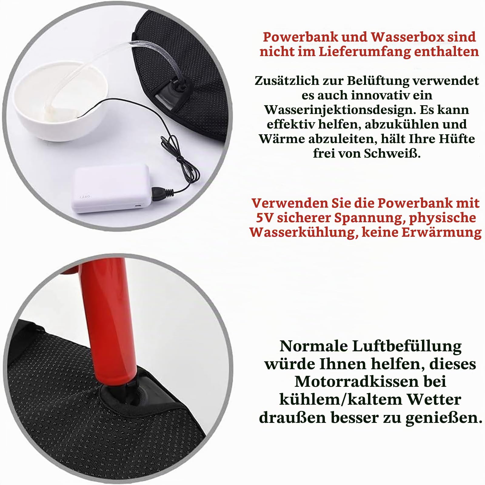 Druckentlastung aufblasbares Luftsitzkissen Motorrad Sitzkissen Luftkissen Motorrad USB Wasser Gefülltes Sitzkissen mit 5V Wasserpumpe (38 X 35 cm für Fahrer)