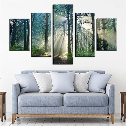 Miniatura 1 de 5 piezas impresiones en lienzo de arte para pared, árboles verdes bosques, pintura HD brillante para el hogar, sala de estar, dormitorio, oficina,