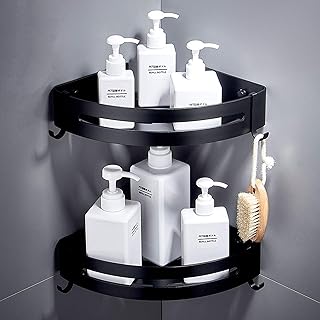 Étagère d'angle de salle de bain - Paniers triangulaires avec 4 crochets amovibles En aluminium Sans perçage 2 étages Fixation murale Pour cuisine et toilettes Noir