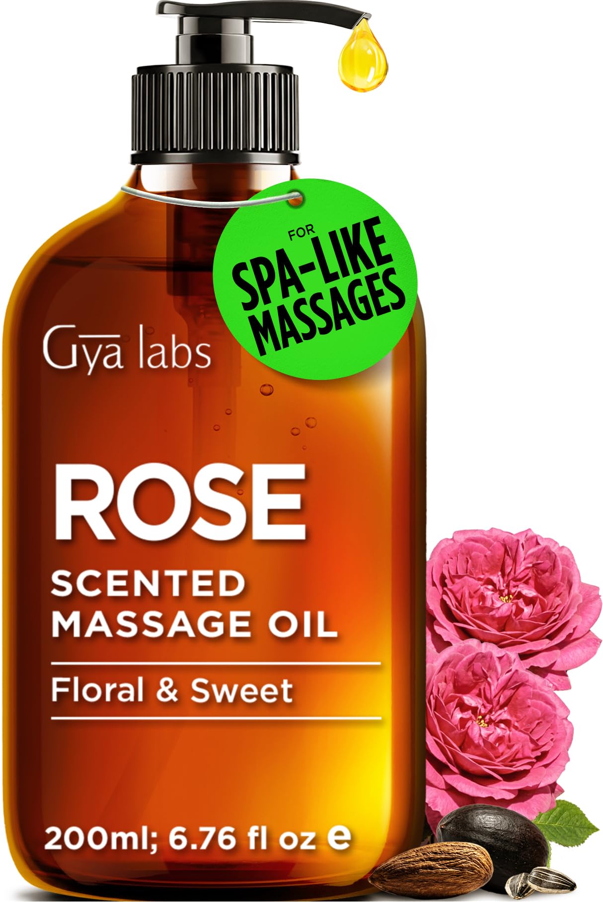 Gya Labs Rose Massage Oil - 6.76 Fl Oz - Delivers Deep Relaxation with Luxurious Feel, Offers Deep Hydration for Skin - Made with Authentic Rose Otto, Non-Greasy Formula, Non-GMO and Cruelty-Free