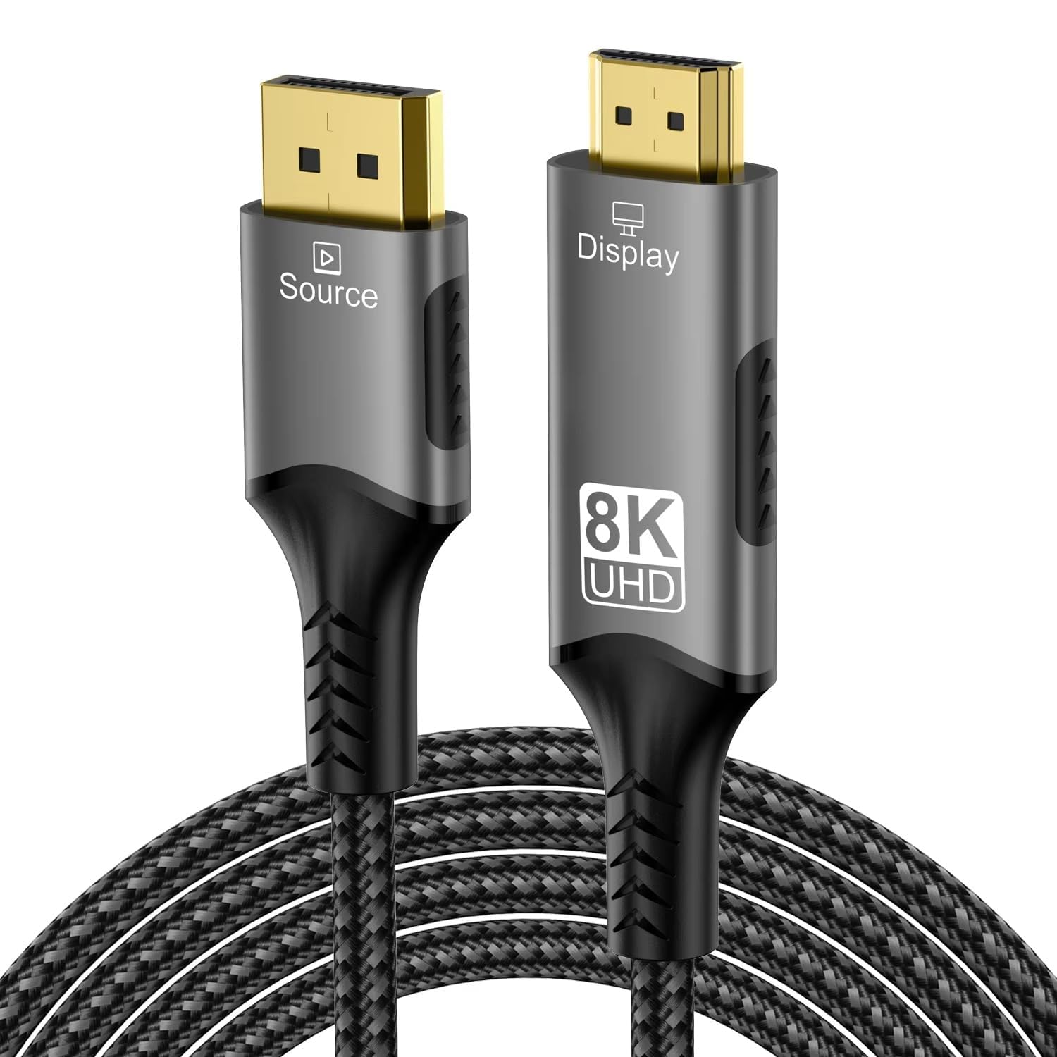 etzin displayport to hdmi cable 8k@60hz dp to hdmi adapter cord gold-plated | 30bpp 4:4:4 hdr via dsc, aluminium shell, braided nylon, 3m lengths, gold pins, epl-1662cc