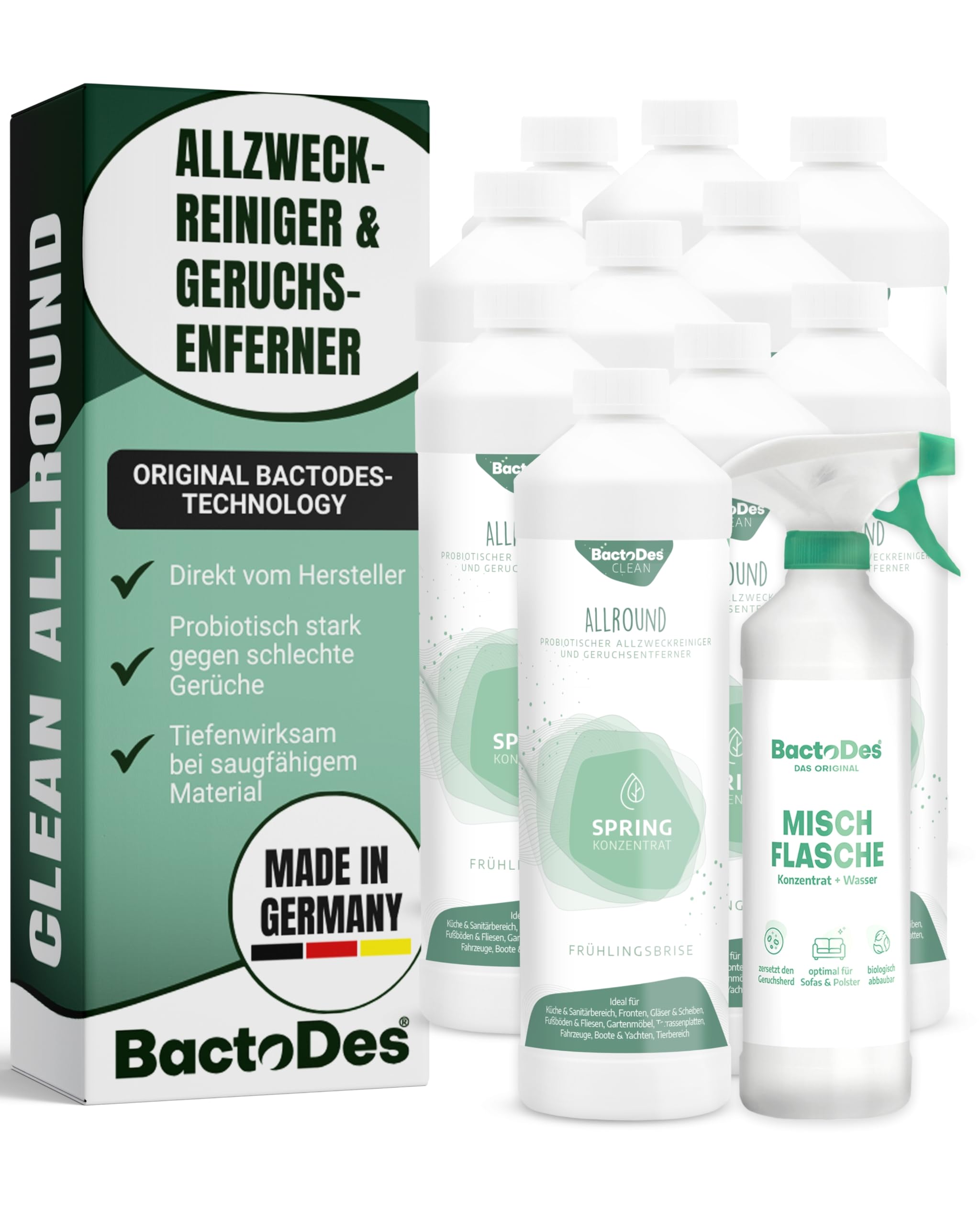 BactoDes - Clean Allround SPRING probiotischer Allzweckreiniger 10L Konzentrat mit Sprayflasche - Spezial Enzymreiniger mit bio Mikroben-Wirkung - Effektiver Geruchsneutralisierer & Geruchsentferner