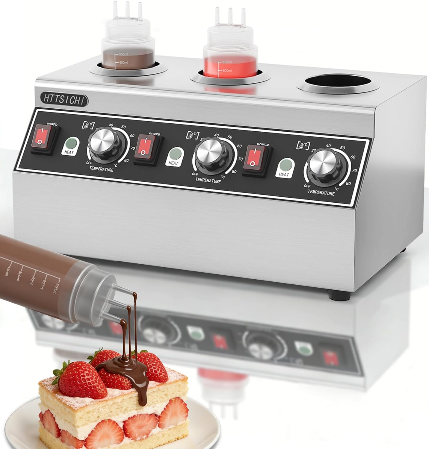 Commercial Electric Sauce Warmer Stainless Steel Chocolate Warmer w/Independent Temp Control, Triple Pump Cheese Dispenser Warmer for Hot Fudge Nacho Cheese, Includes 3x650ml Bottles (110V)