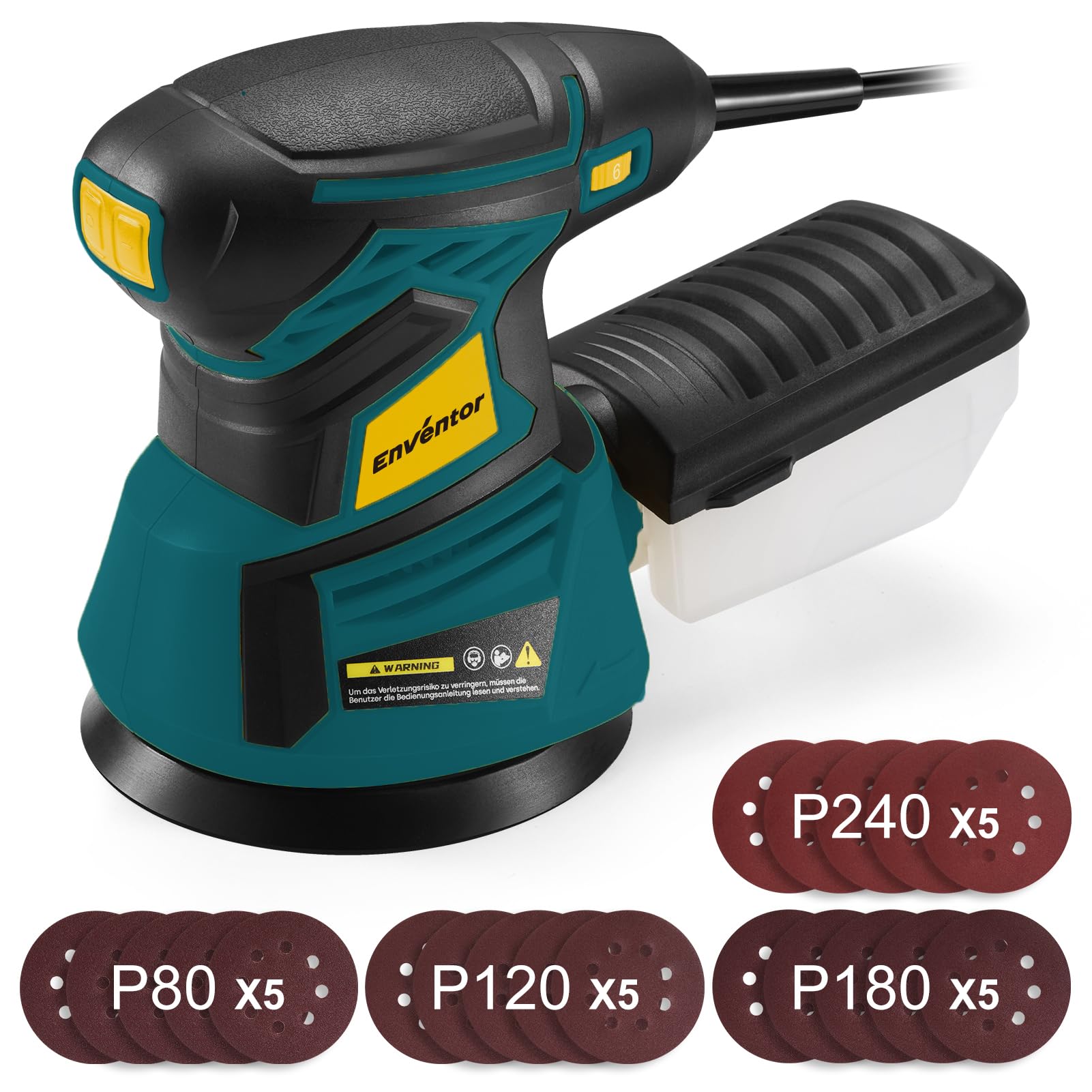 Enventor Electric Orbital Sander, 350W 6000-13000RPM Random Orbital Sander, 6 Variable Speeds, with Dust Collection Box