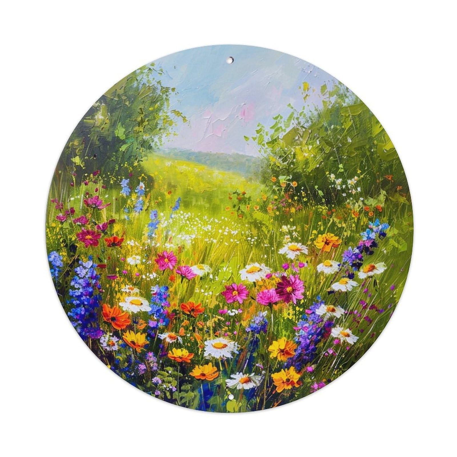 Floral Meadow Landscape Art Print Tin Sign Metal Poster Vintage Metal Signs for Home Man Cave Bar Cafe Kitchen laundry room Wall Decorations Gift 8x8Inch