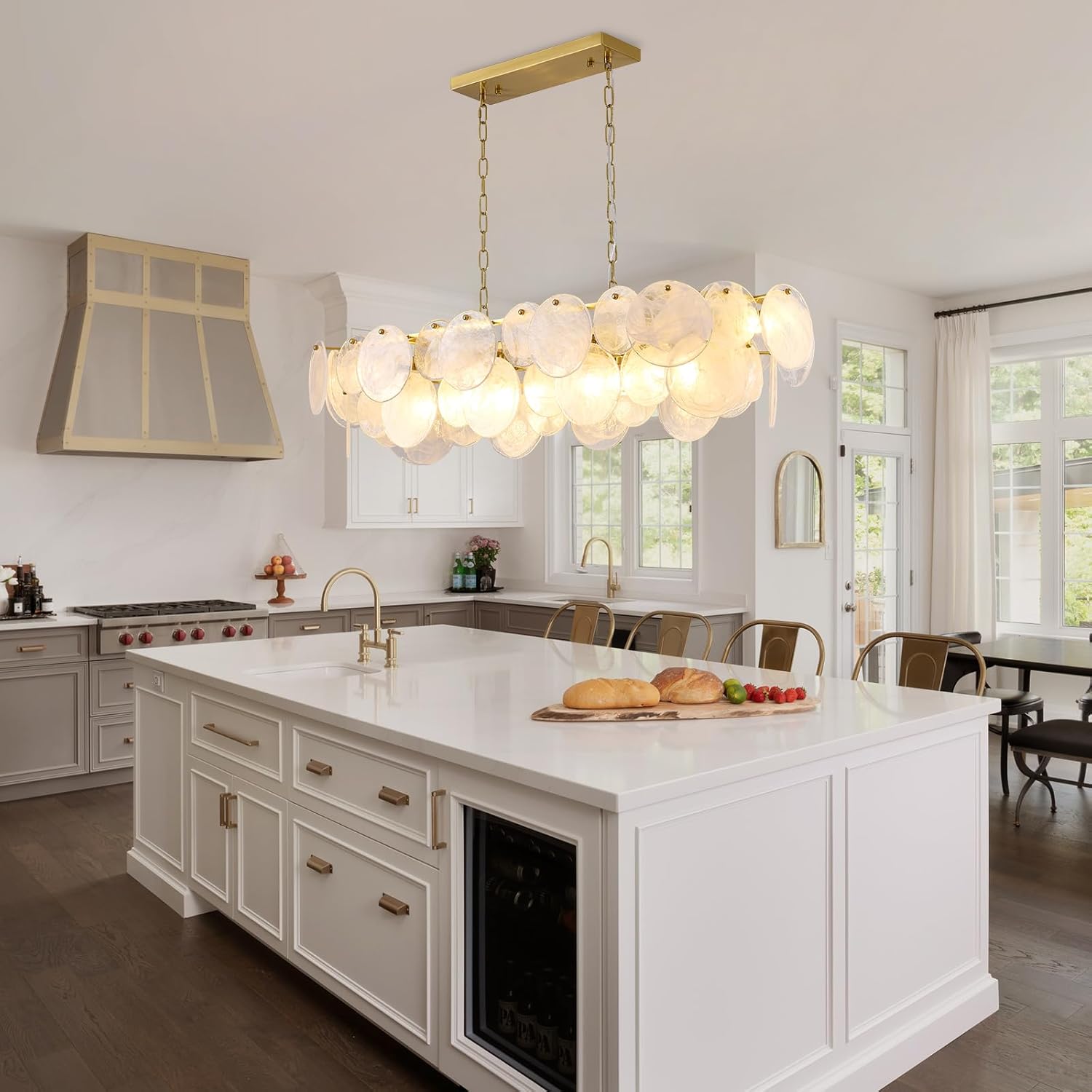 Modern Glass Chandelier, L43.31'' Rectangular Brushed Brass Gold Chandeliers, 12-Light Cloud Pendant Fixture Large Oval Pendant Ceiling Light Fixture for Dining Room, Kitchen Island, E12