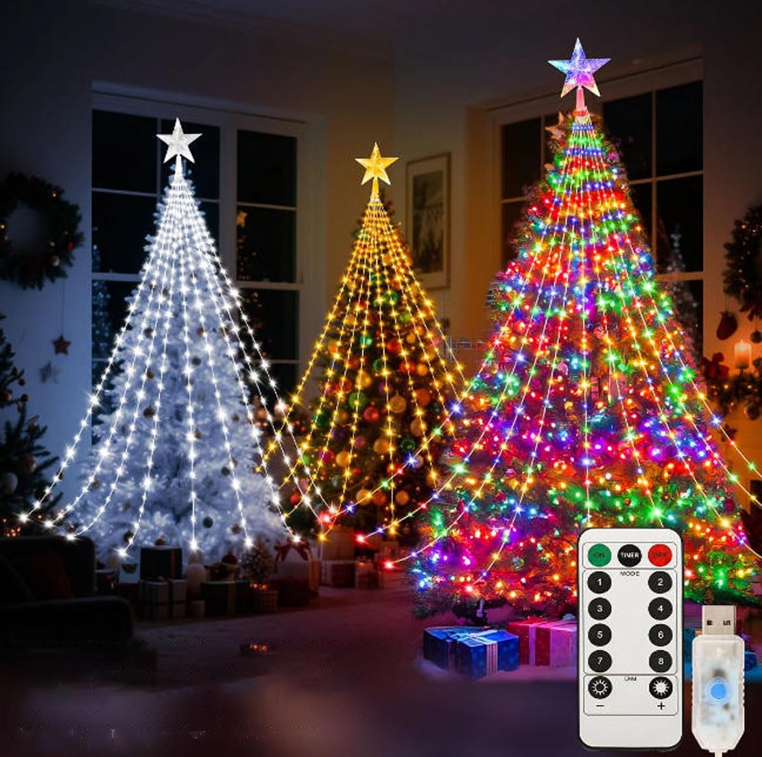 JHzood Christmas Waterfall Tree Lights with Star Topper, USB Powered, Remote Control 8 Lighting Modes, Outdoor Indoor Christmas Decoration Lights for Yard Garden Home Party (Warm+Colorful+White, 2m)
